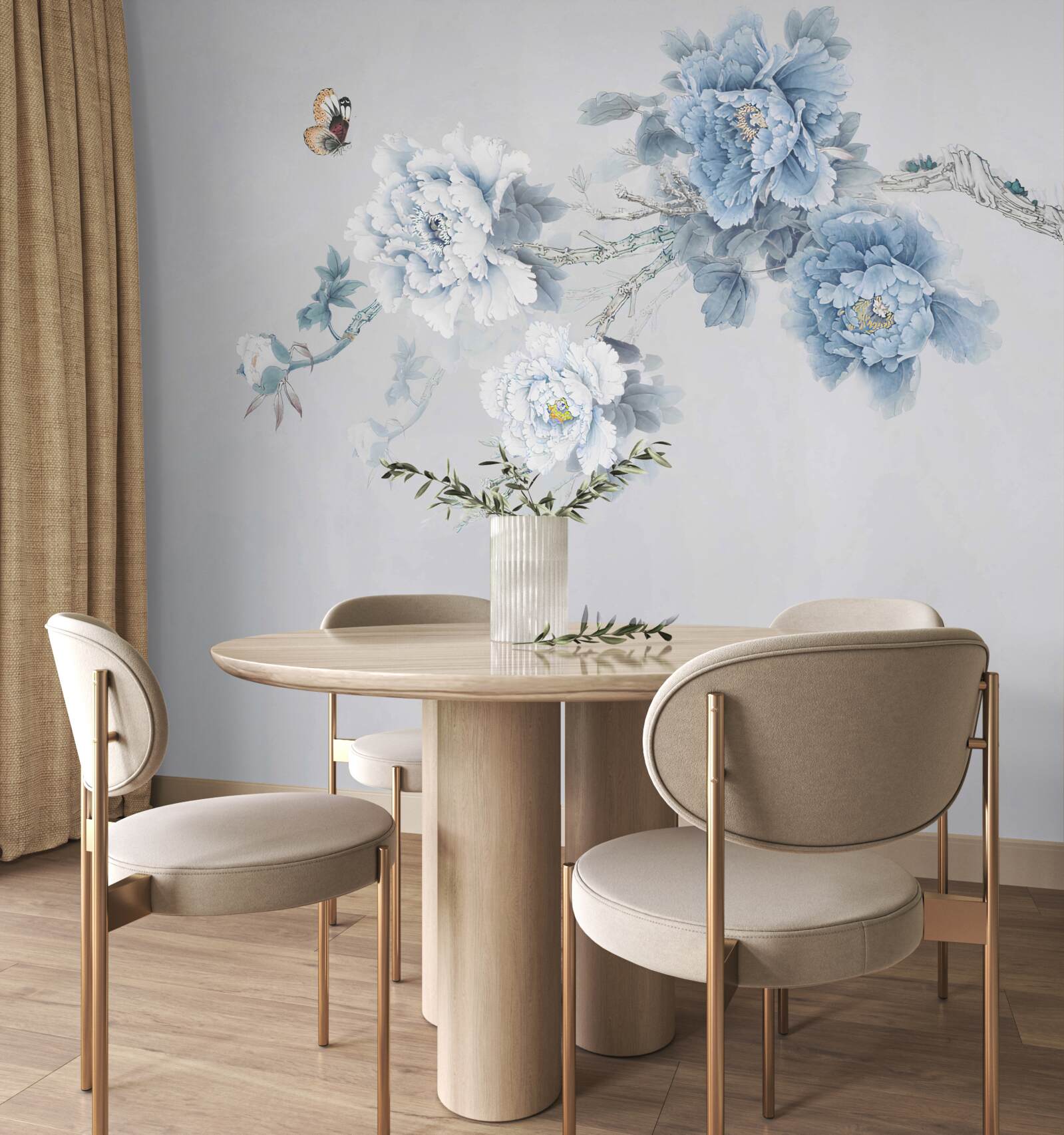 Fototapeten Knospen aus weißen und blauen Blumen auf grauem Hintergrund