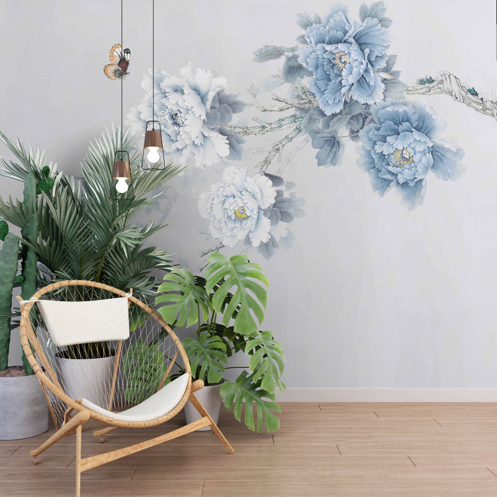 Fototapeten Knospen aus weißen und blauen Blumen auf grauem Hintergrund