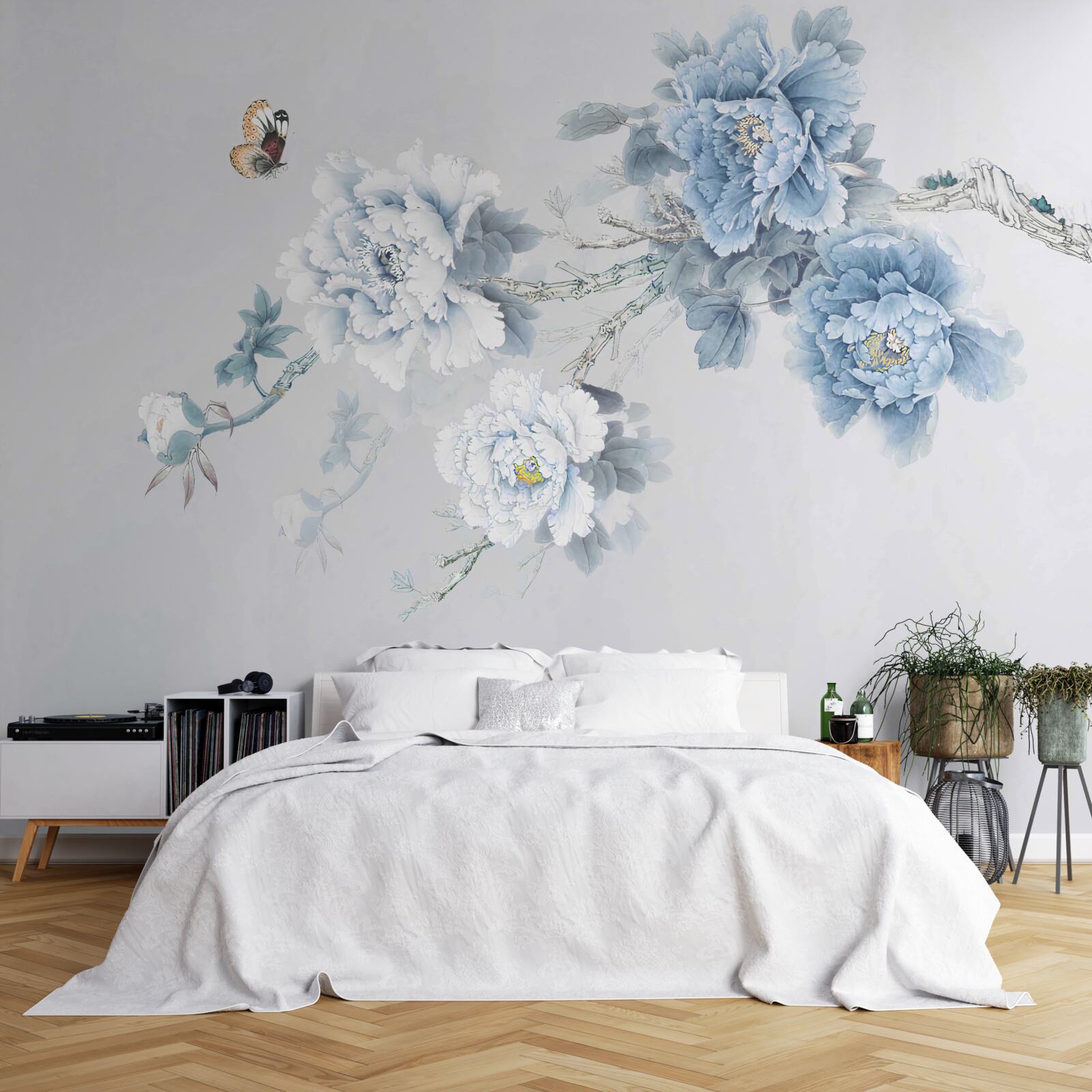 Fototapeten Knospen aus weißen und blauen Blumen auf grauem Hintergrund