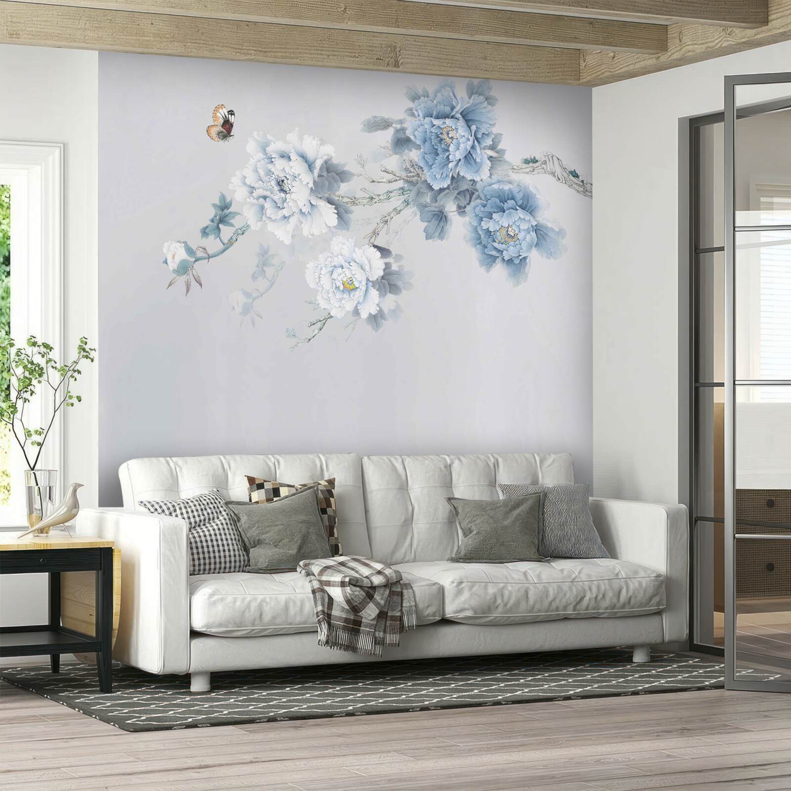 Fototapeten Knospen aus weißen und blauen Blumen auf grauem Hintergrund