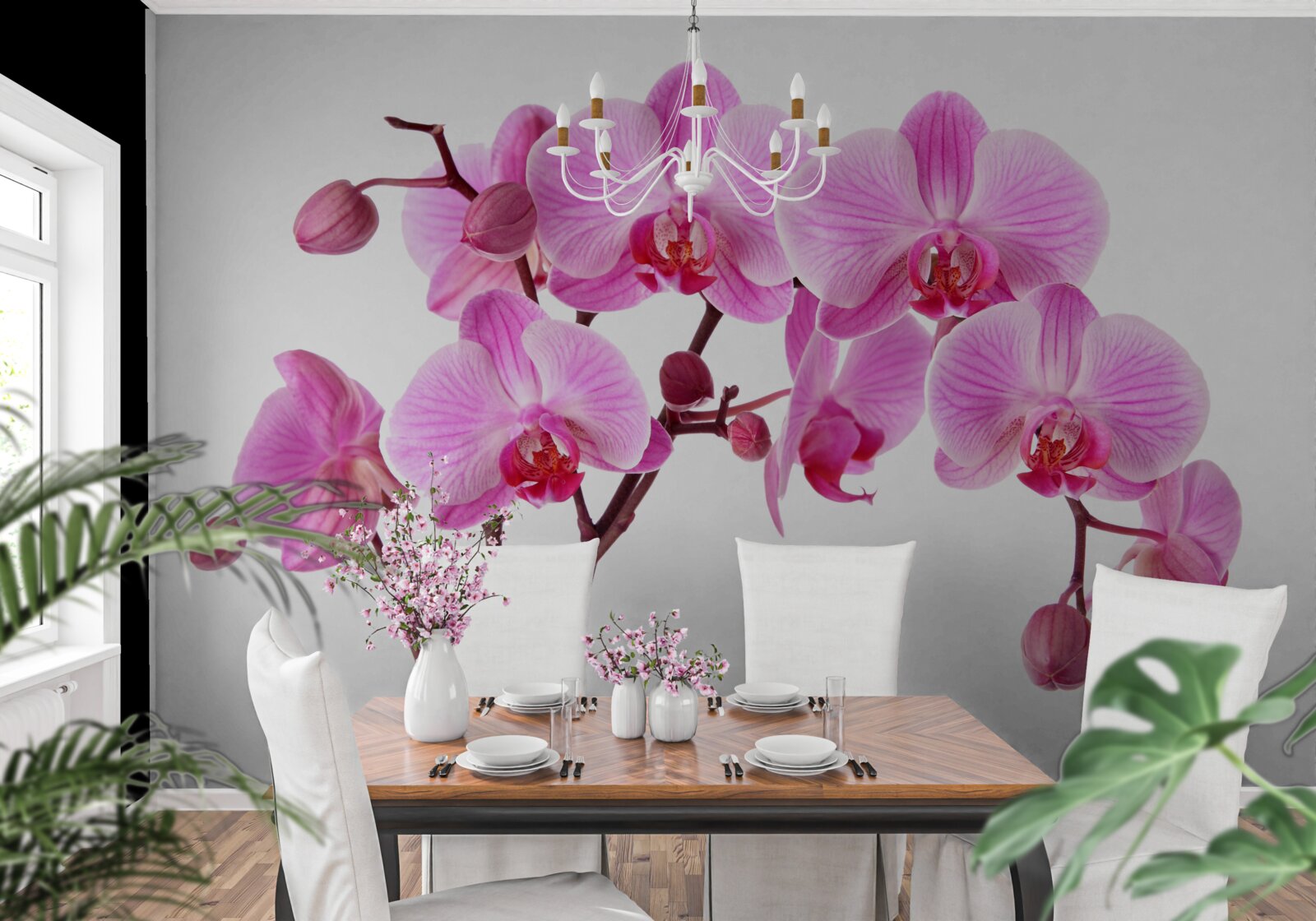 Fototapeten Pink Lily auf einem Zweig auf einem weißen Hintergrund