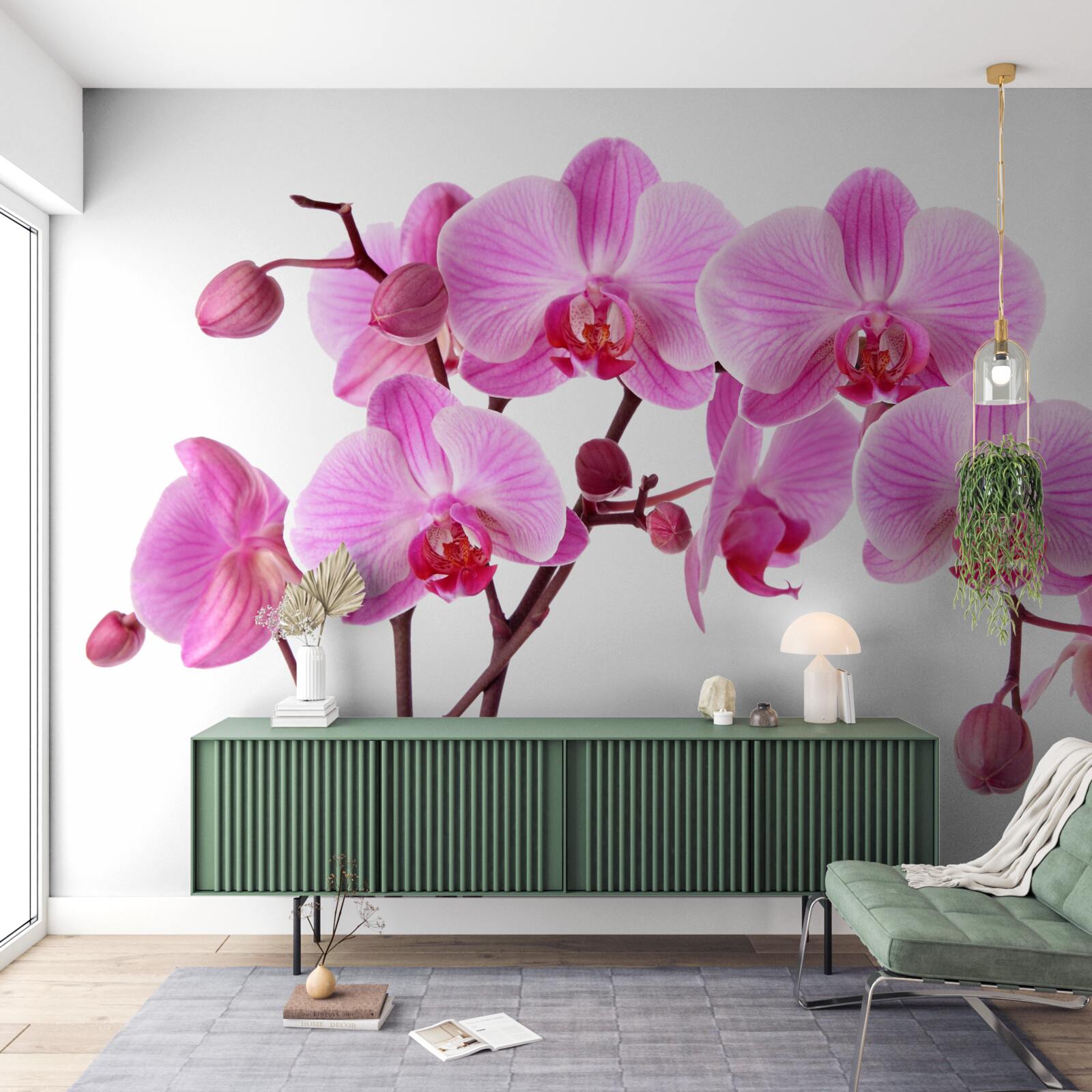 Fototapeten Pink Lily auf einem Zweig auf einem weißen Hintergrund