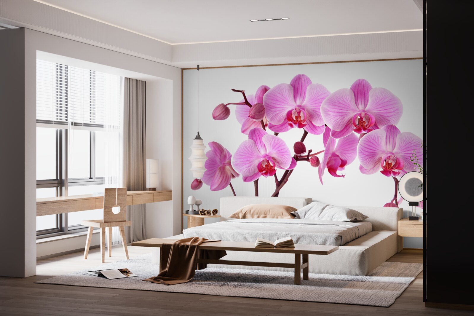 Fototapeten Pink Lily auf einem Zweig auf einem weißen Hintergrund