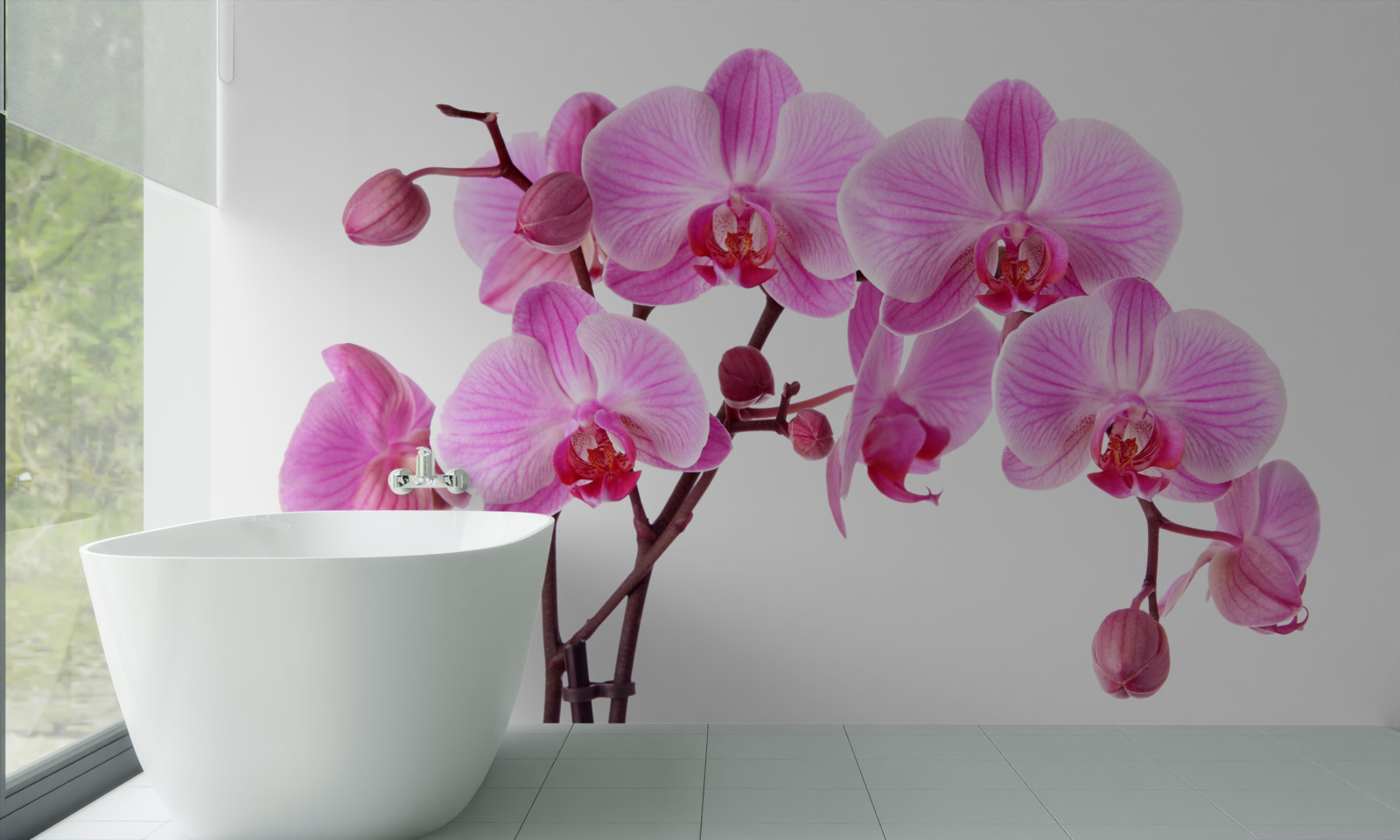 Fototapeten Pink Lily auf einem Zweig auf einem weißen Hintergrund