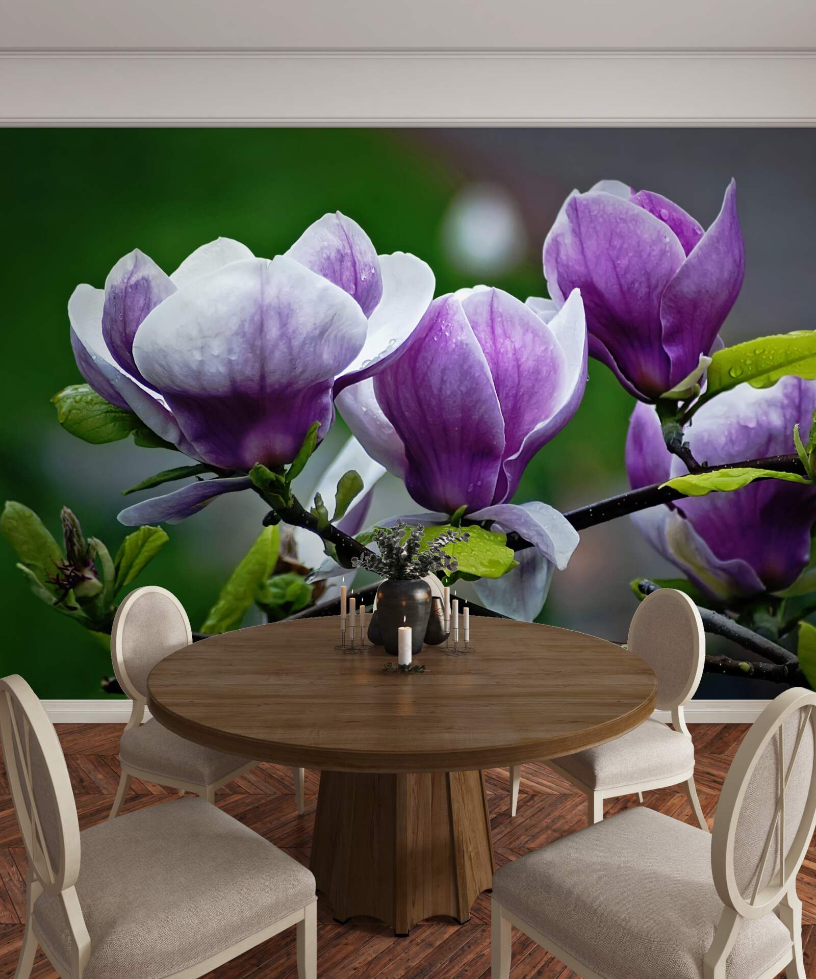 Fototapeten Blumen an Smaragdstämmen anmutig