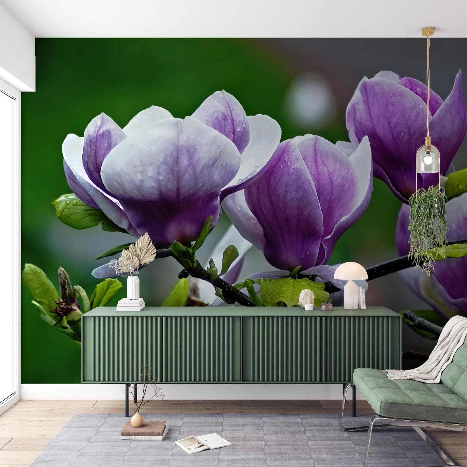 Fototapeten Blumen an Smaragdstämmen anmutig