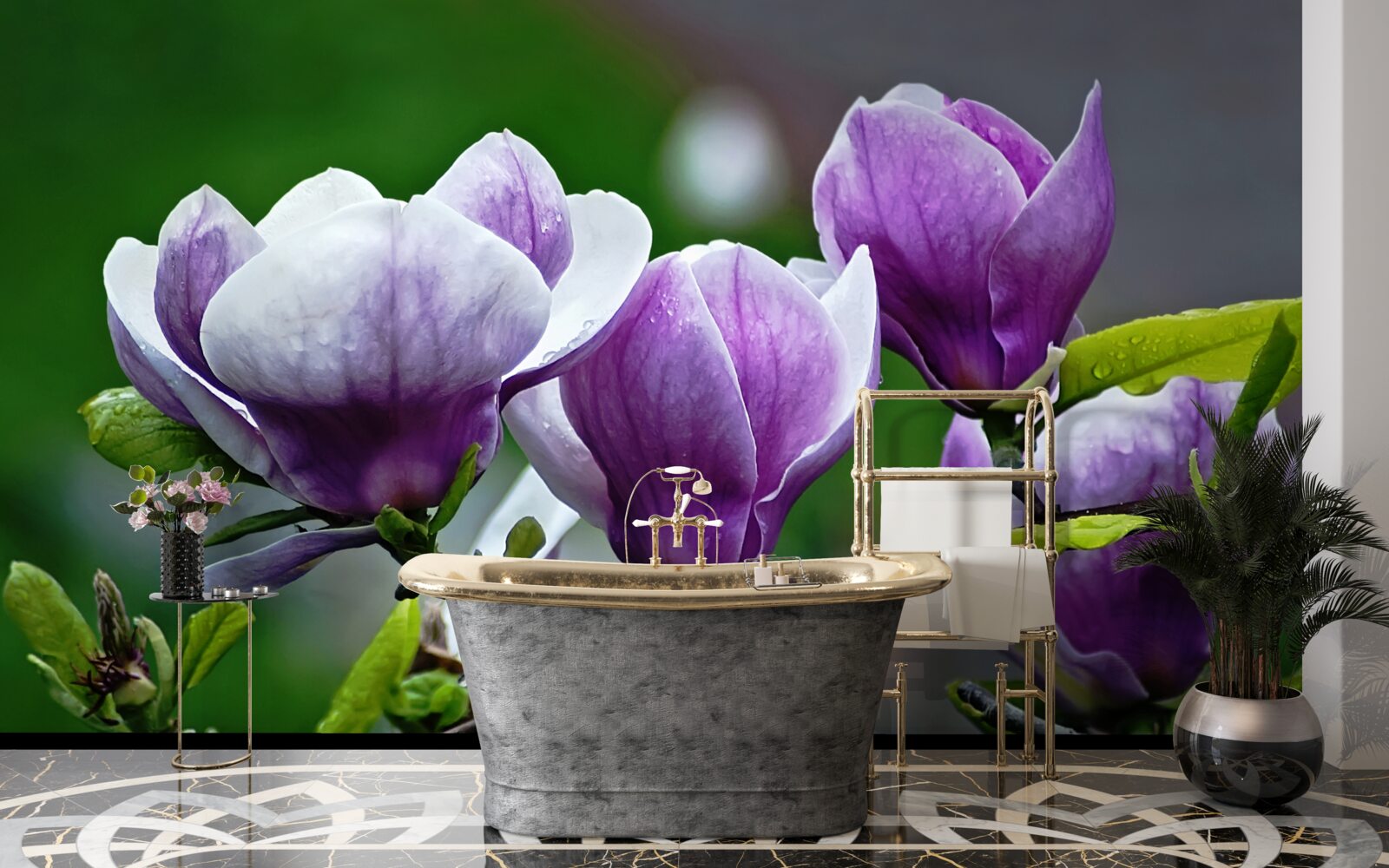Fototapeten Blumen an Smaragdstämmen anmutig