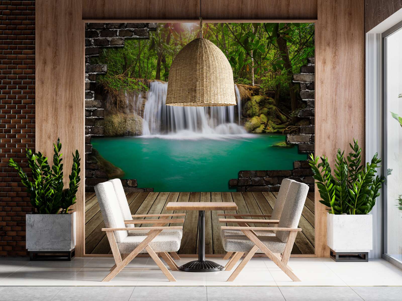 Fototapeten Wasserfall fällt mit einer Kaskade in der Nähe einer Holzbrücke