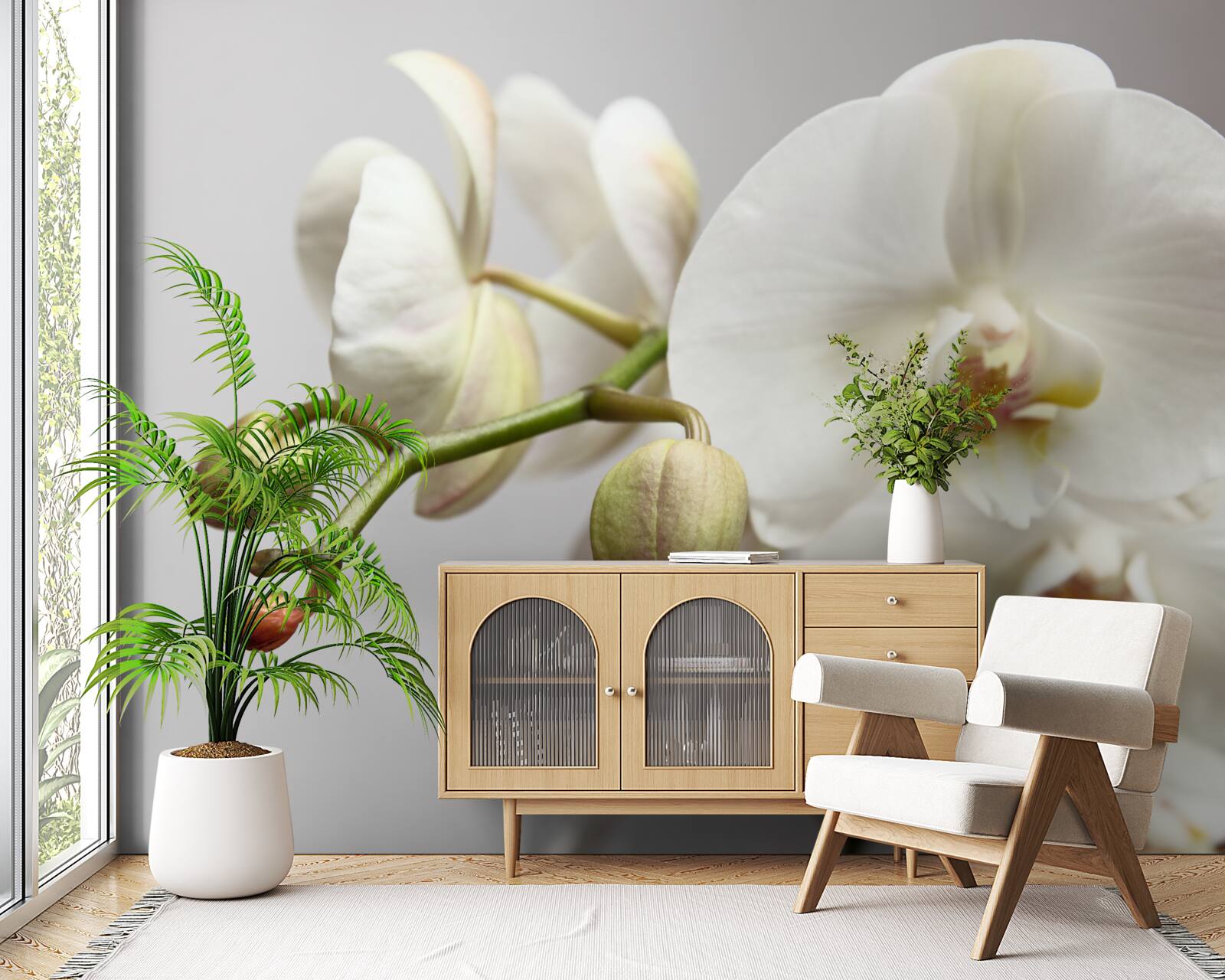 Fototapeten Ein Zweig einer weißen Orchidee mit blühenden Blüten und ungewaschenen Knospen