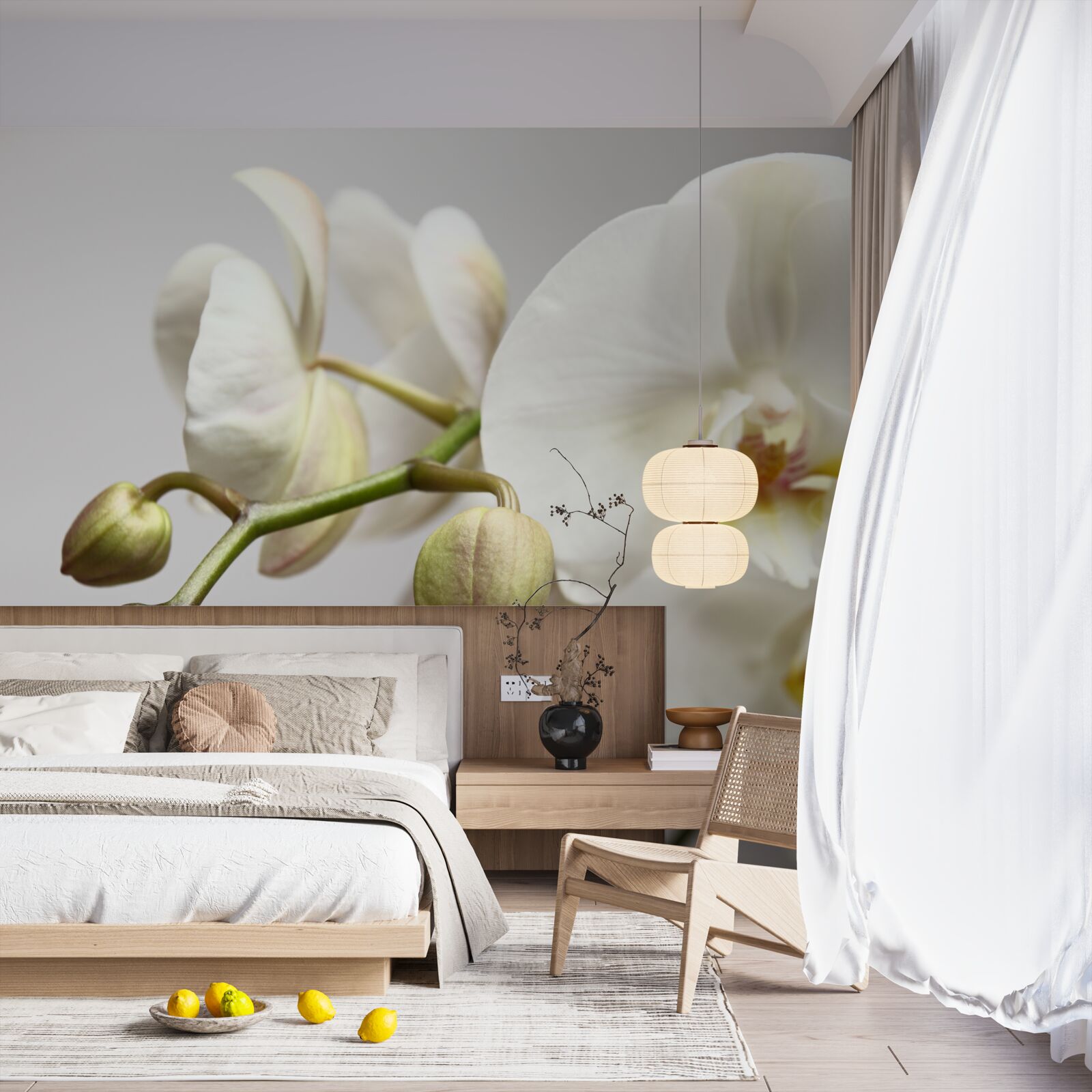 Fototapeten Ein Zweig einer weißen Orchidee mit blühenden Blüten und ungewaschenen Knospen