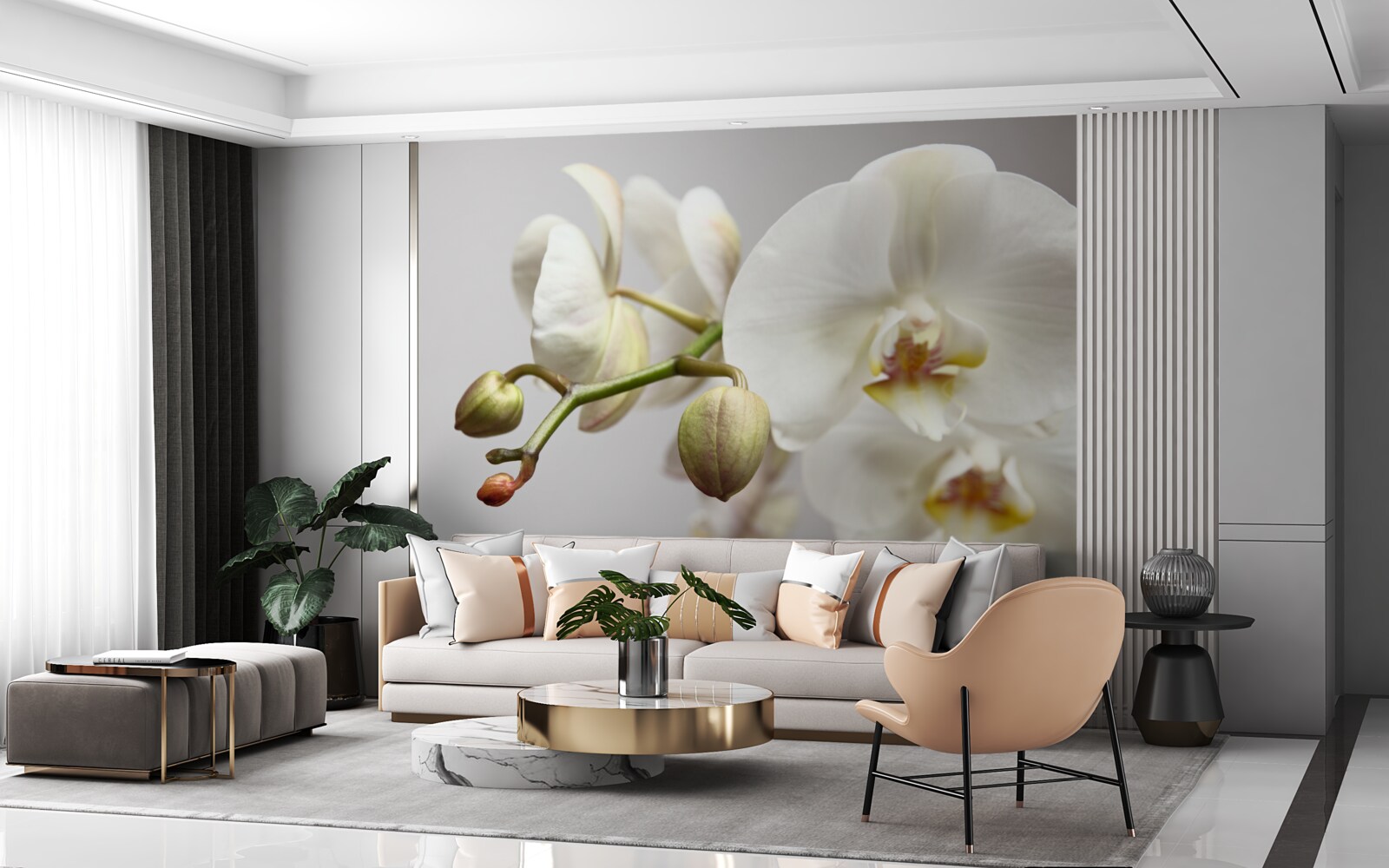 Fototapeten Ein Zweig einer weißen Orchidee mit blühenden Blüten und ungewaschenen Knospen