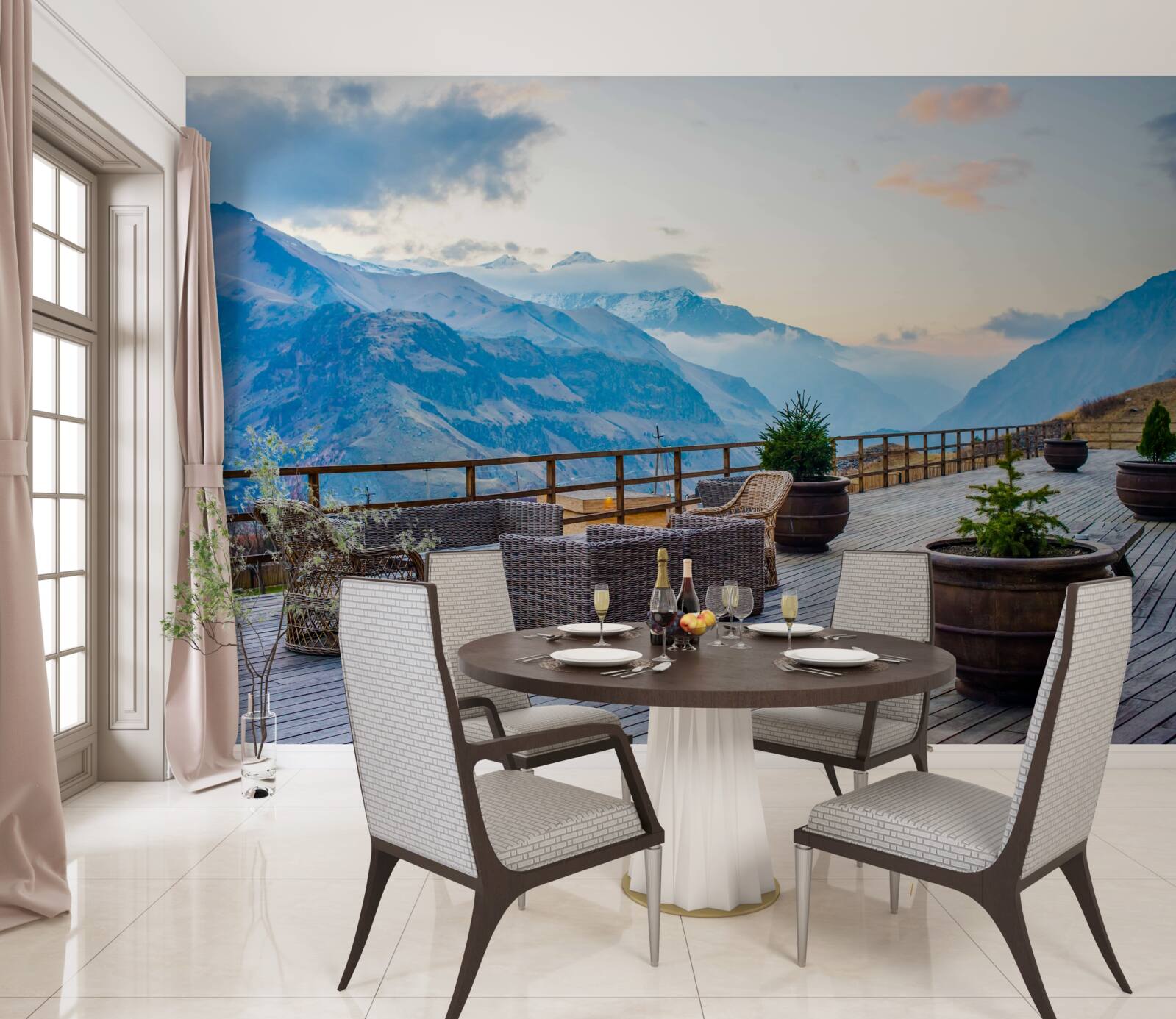 Fototapeten Eine geräumige Terrasse mit Blick auf die Berge