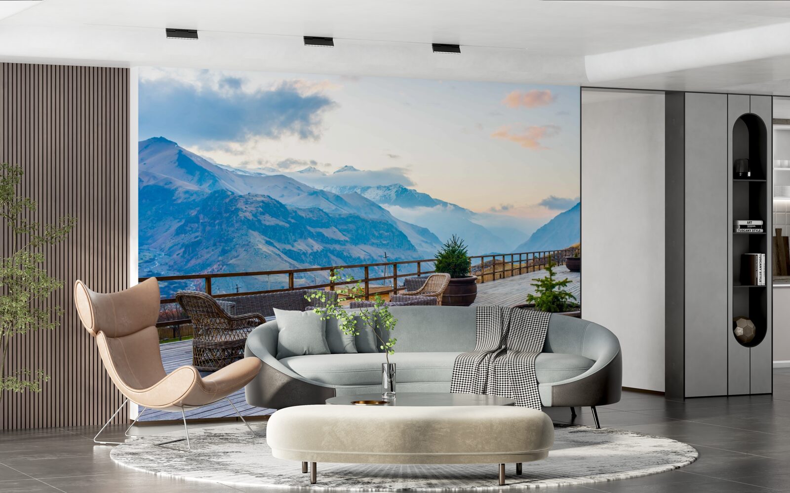 Fototapeten Eine geräumige Terrasse mit Blick auf die Berge