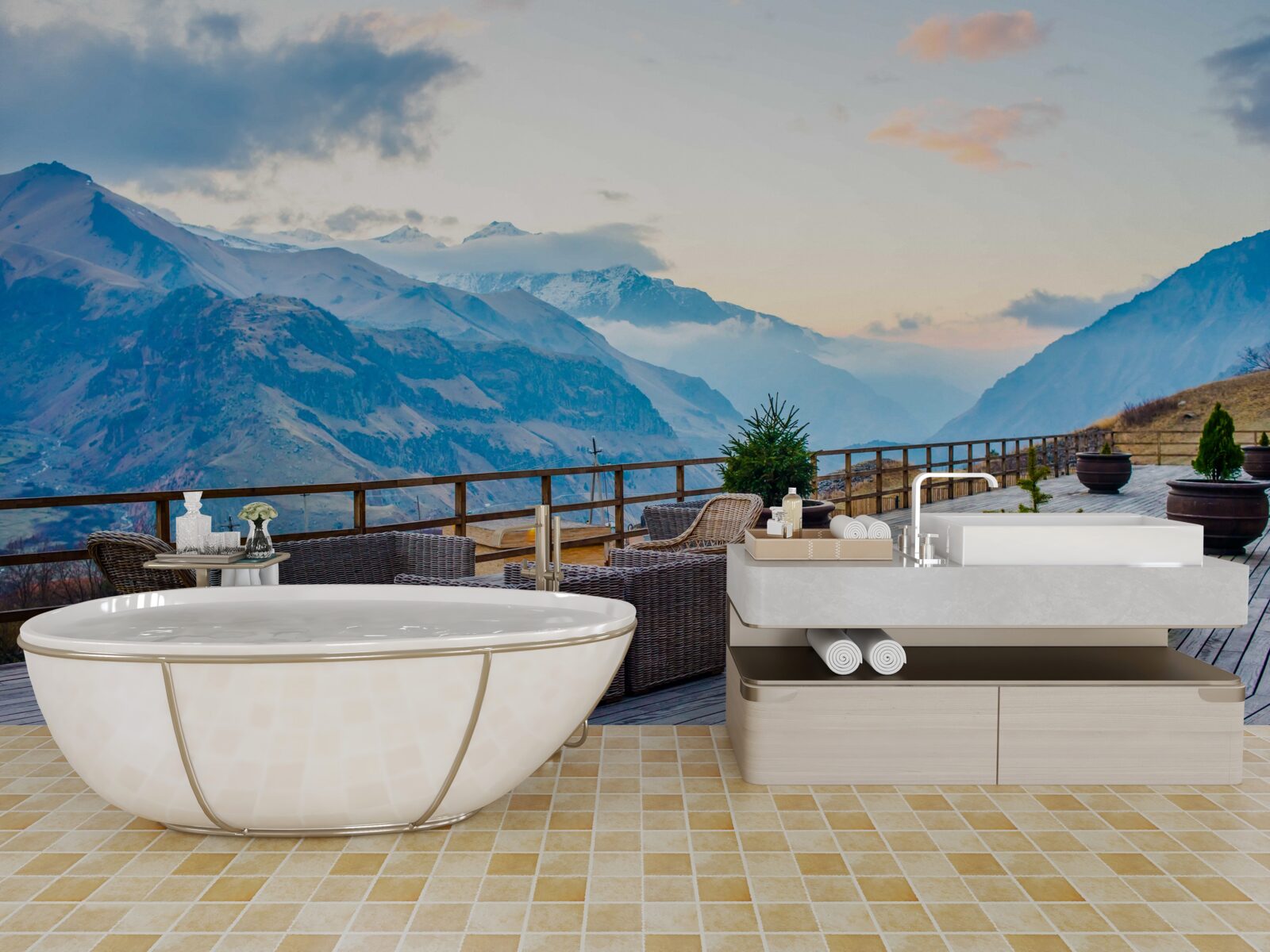 Fototapeten Eine geräumige Terrasse mit Blick auf die Berge