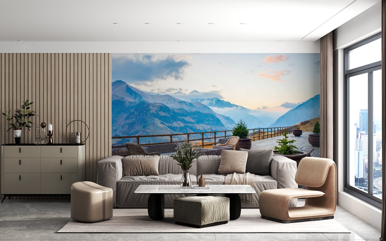 Fototapeten Eine geräumige Terrasse mit Blick auf die Berge
