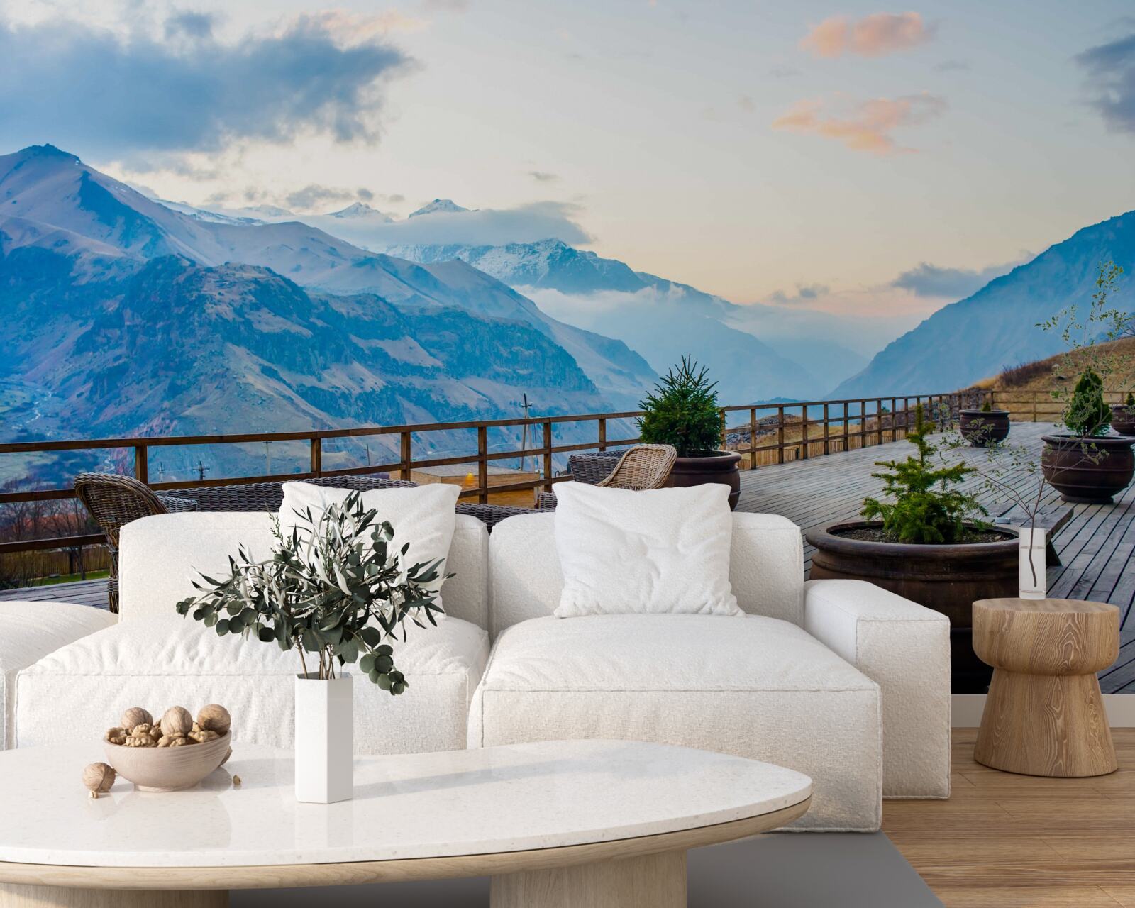 Fototapeten Eine geräumige Terrasse mit Blick auf die Berge