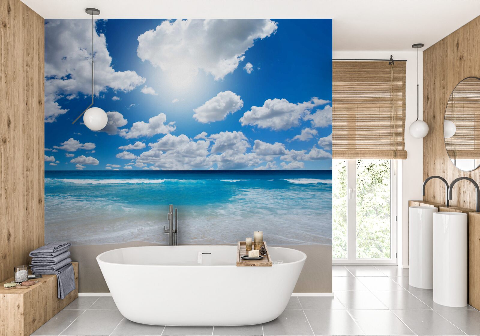 Fototapeten Strand mit blauem Wasser und ruhigem Meer