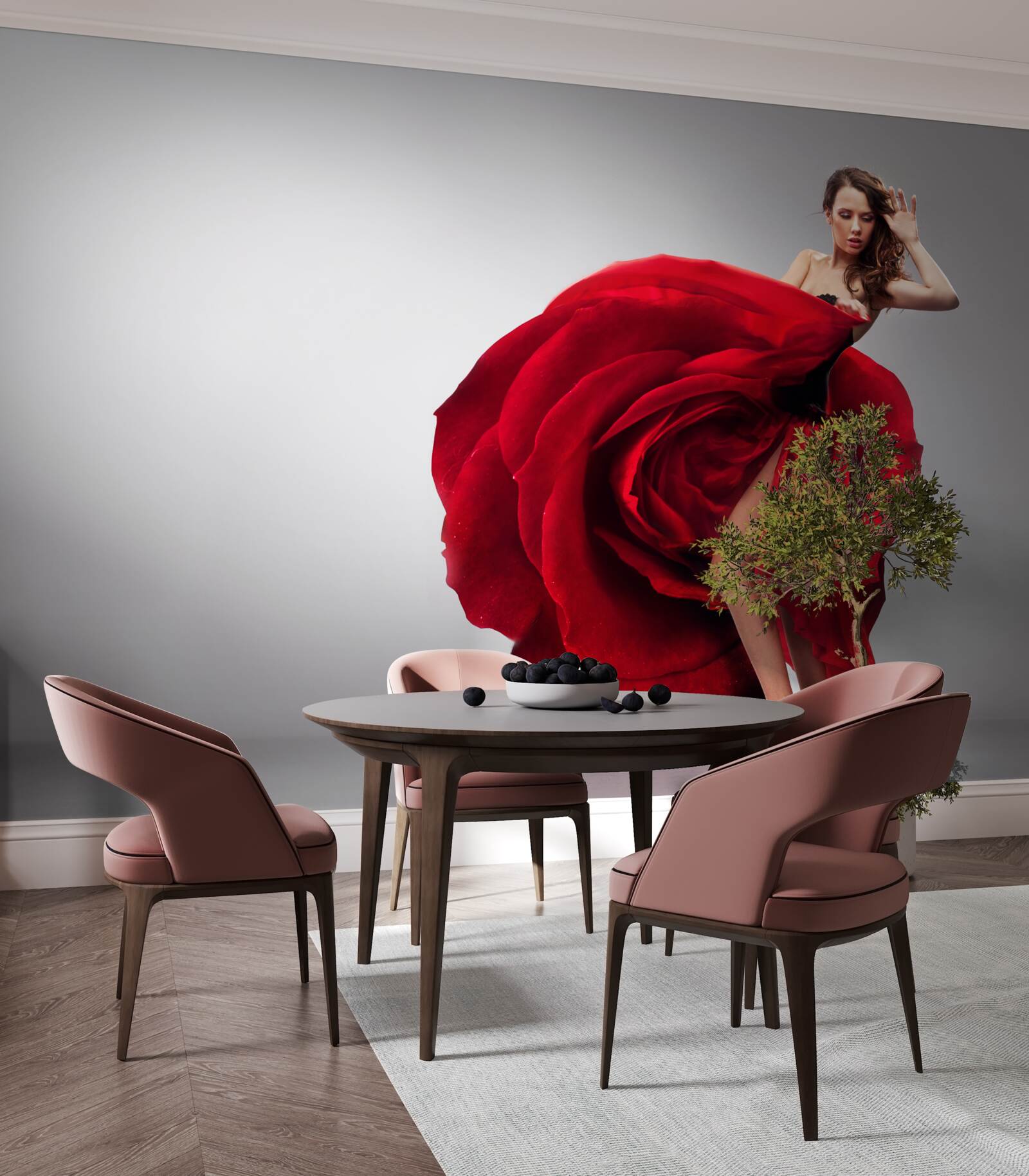 Fototapeten Ein Mädchen in einem roten Kleid, das Rosen ähnelt