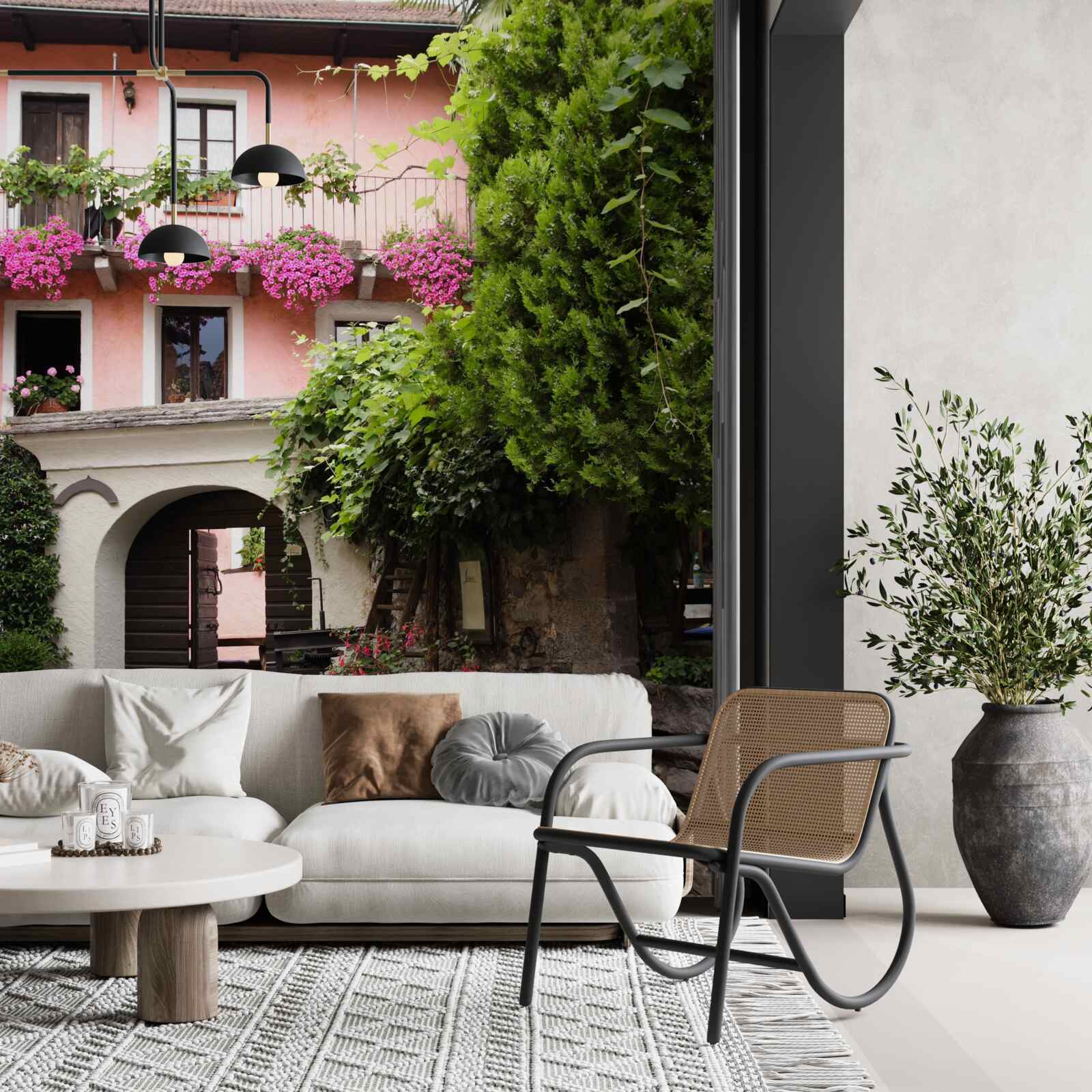 Fototapeten Vegetation mit Blumen in der Nähe der Treppe