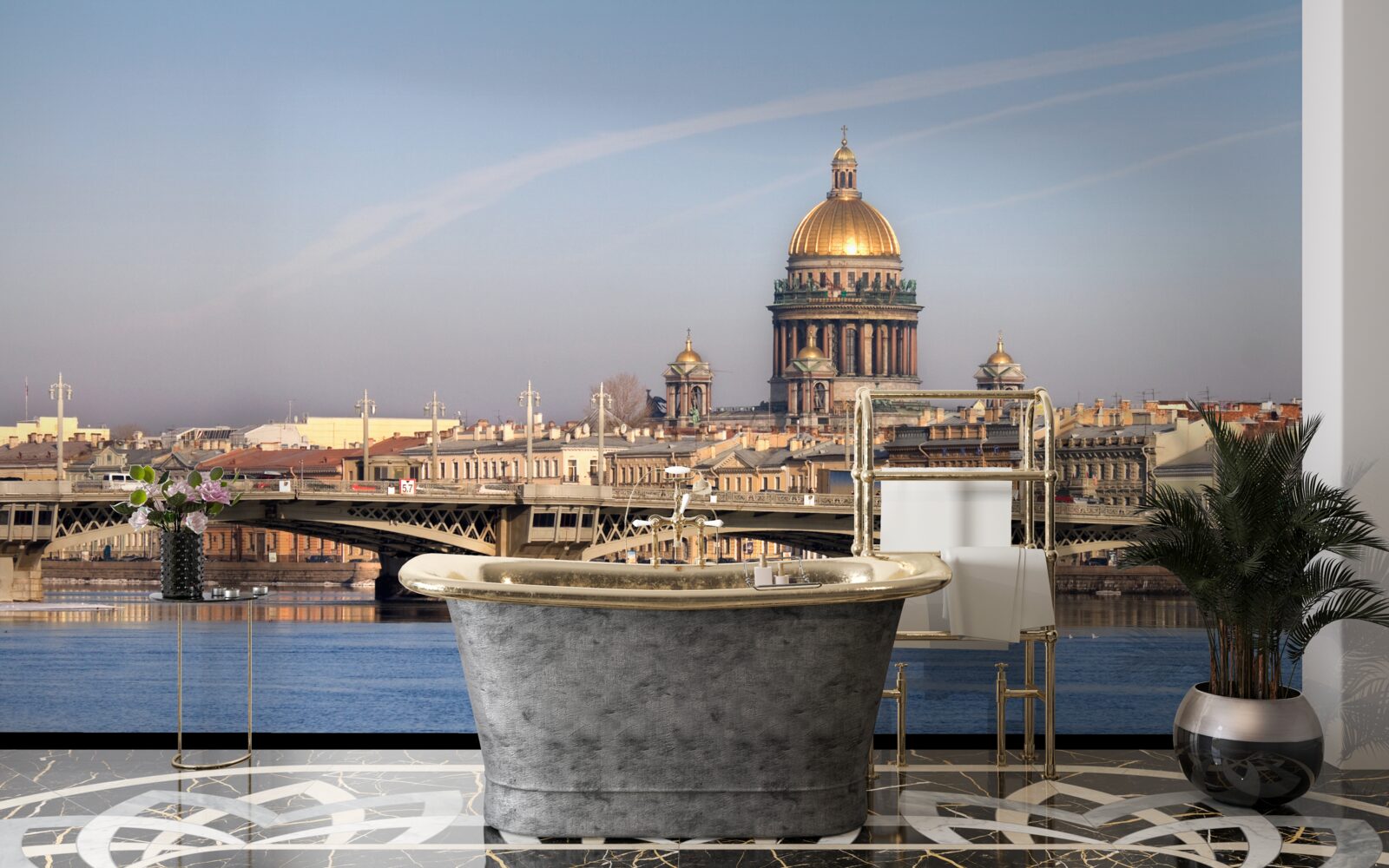 Fototapeten Kirchenkuppel aus Gold vor dem Hintergrund des Stadtpanoramas