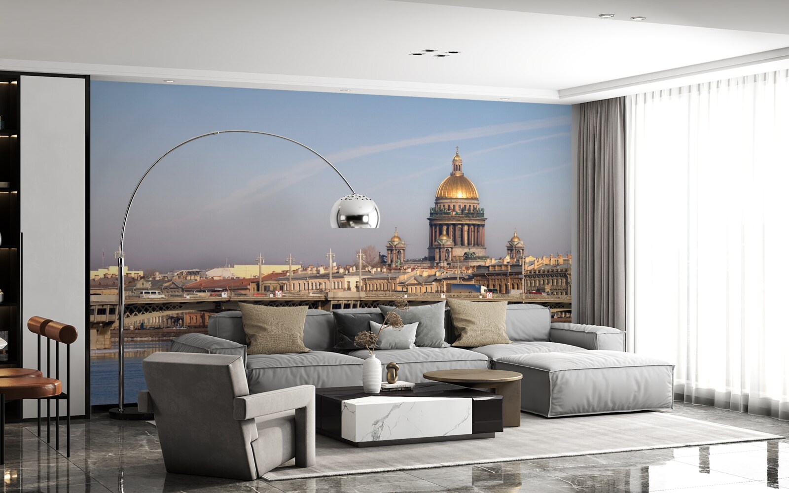Fototapeten Kirchenkuppel aus Gold vor dem Hintergrund des Stadtpanoramas