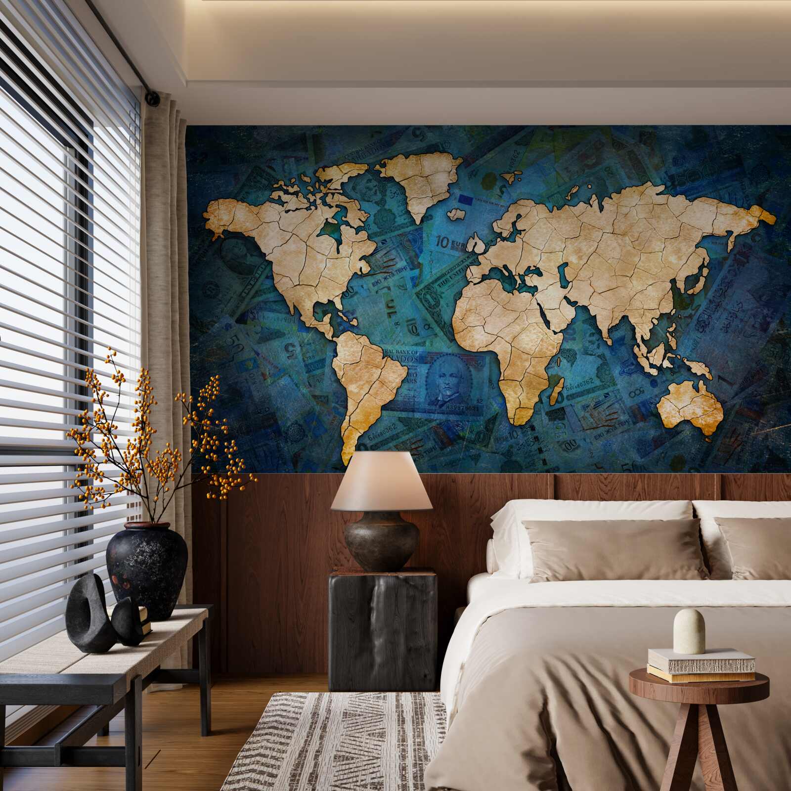 Fototapeten Gelbe Karte der Welt auf blauem Hintergrund von Wasser