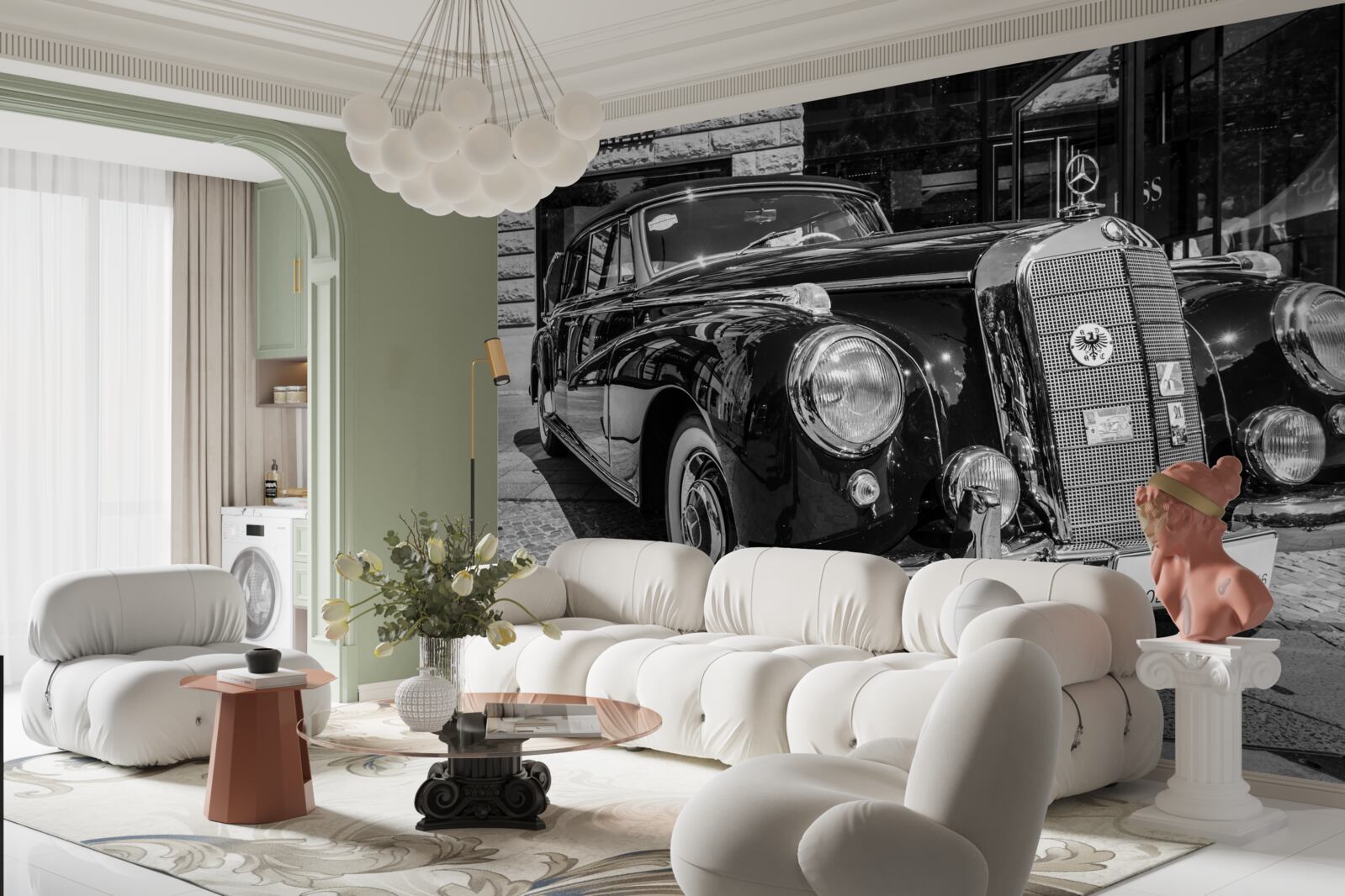 Fototapeten Retro -Auto in Schwarz und Weiß