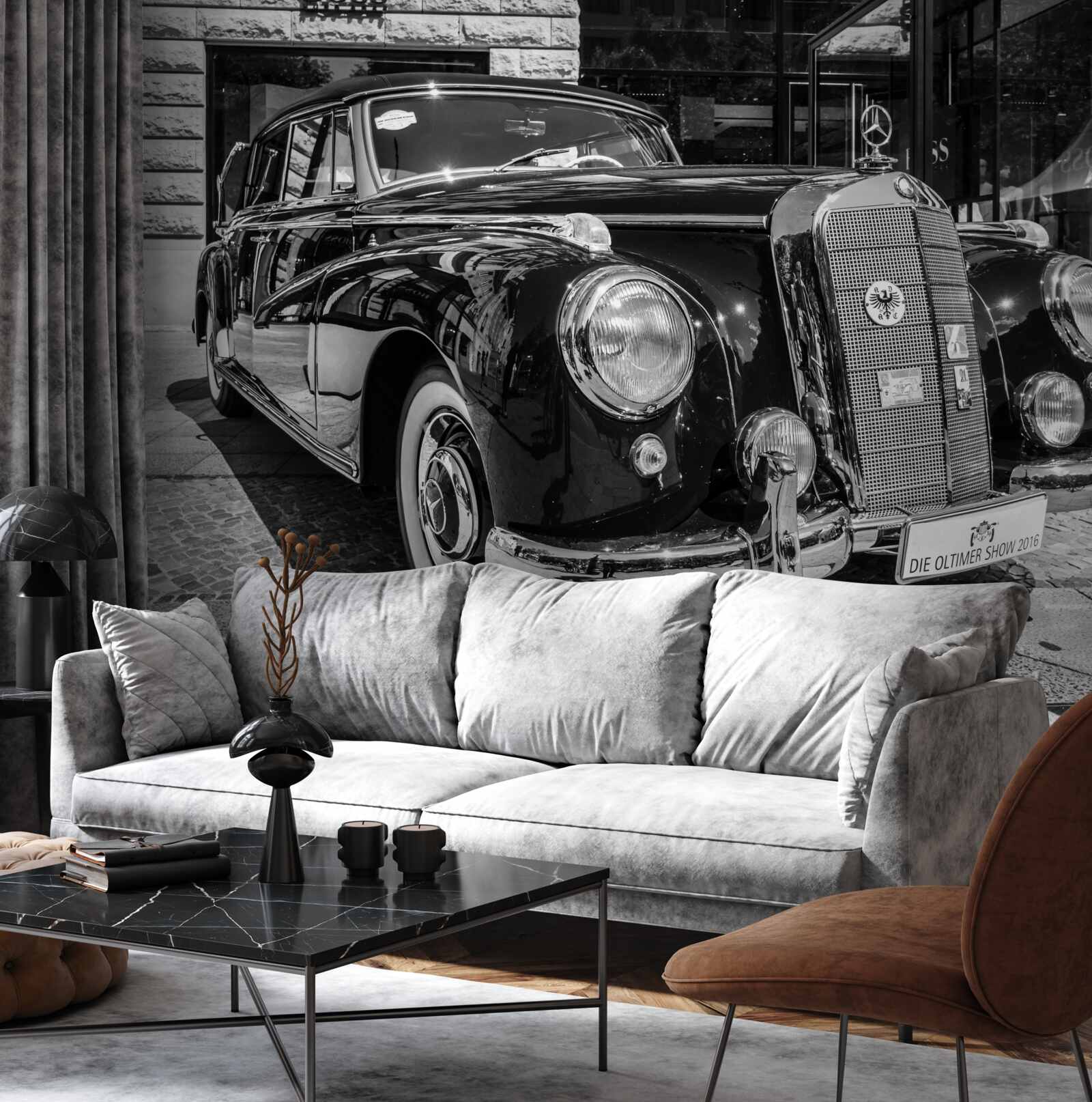 Fototapeten Retro -Auto in Schwarz und Weiß