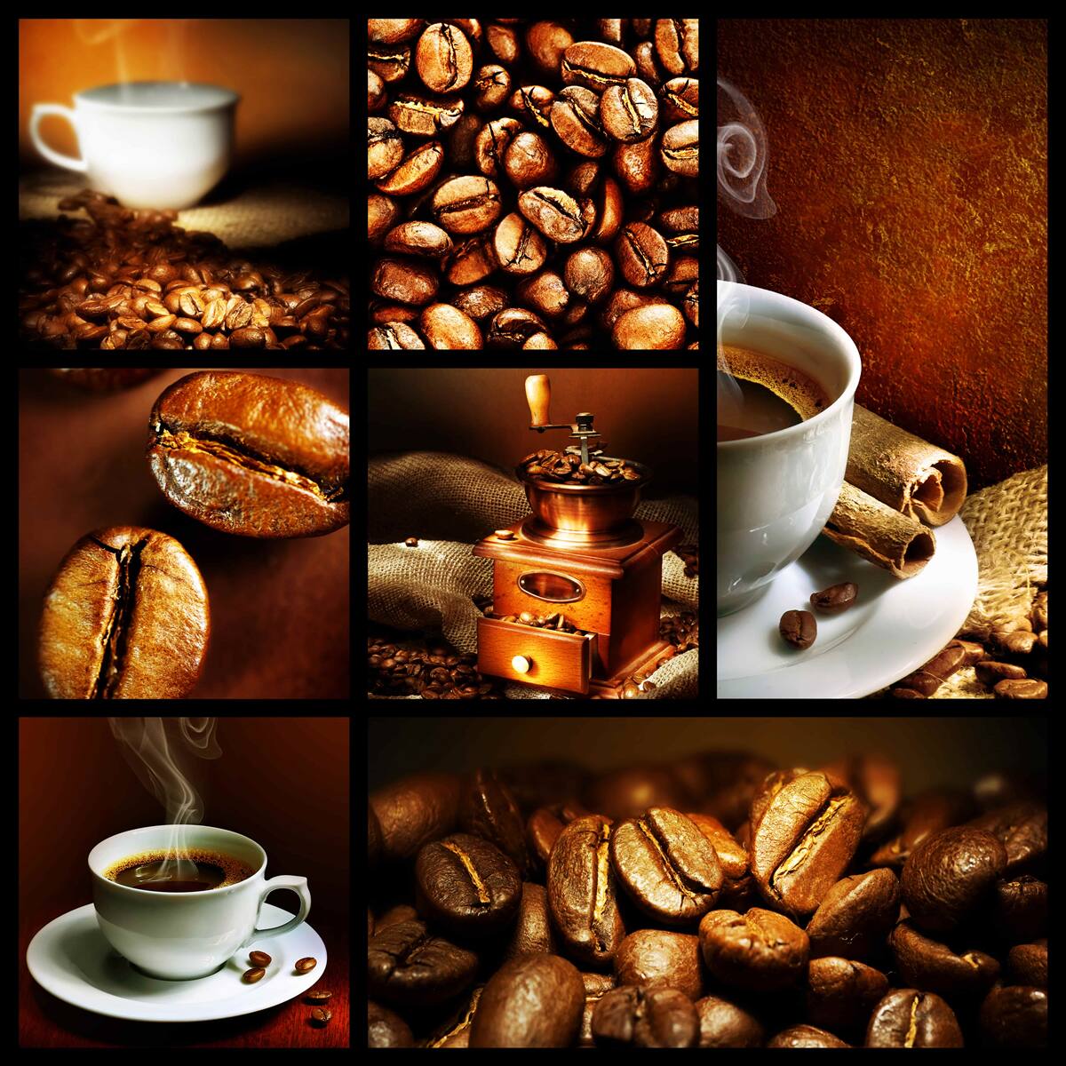 Fototapeten Zusammensetzung von Kaffeebohnen und dem Getränk selbst