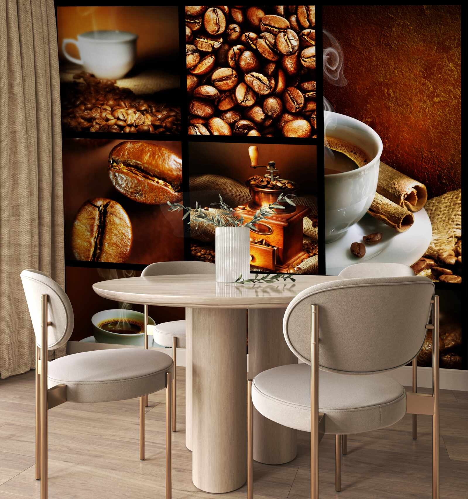 Fototapeten Zusammensetzung von Kaffeebohnen und dem Getränk selbst
