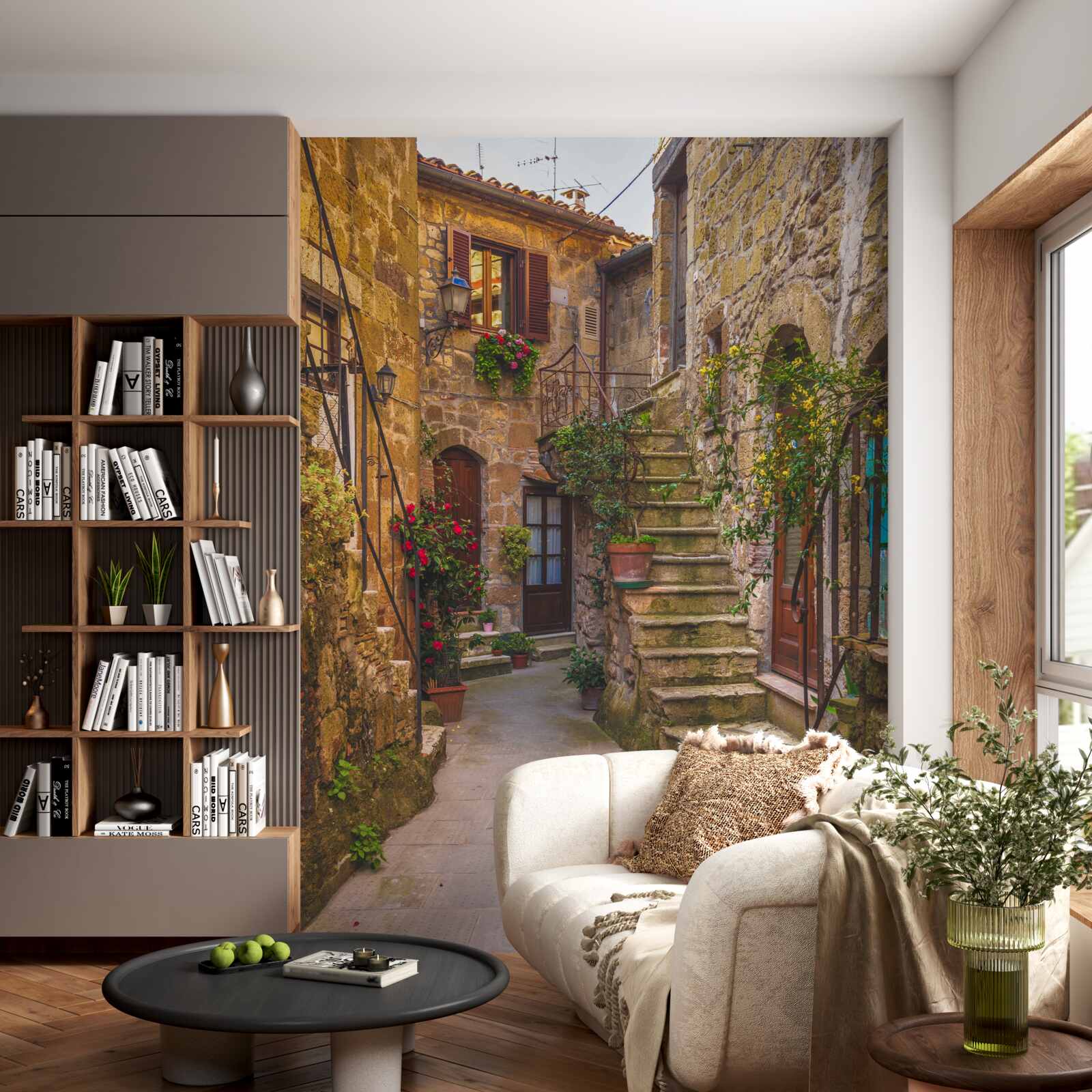Fototapeten Treppe mit Blumen im alten Innenhof dekoriert