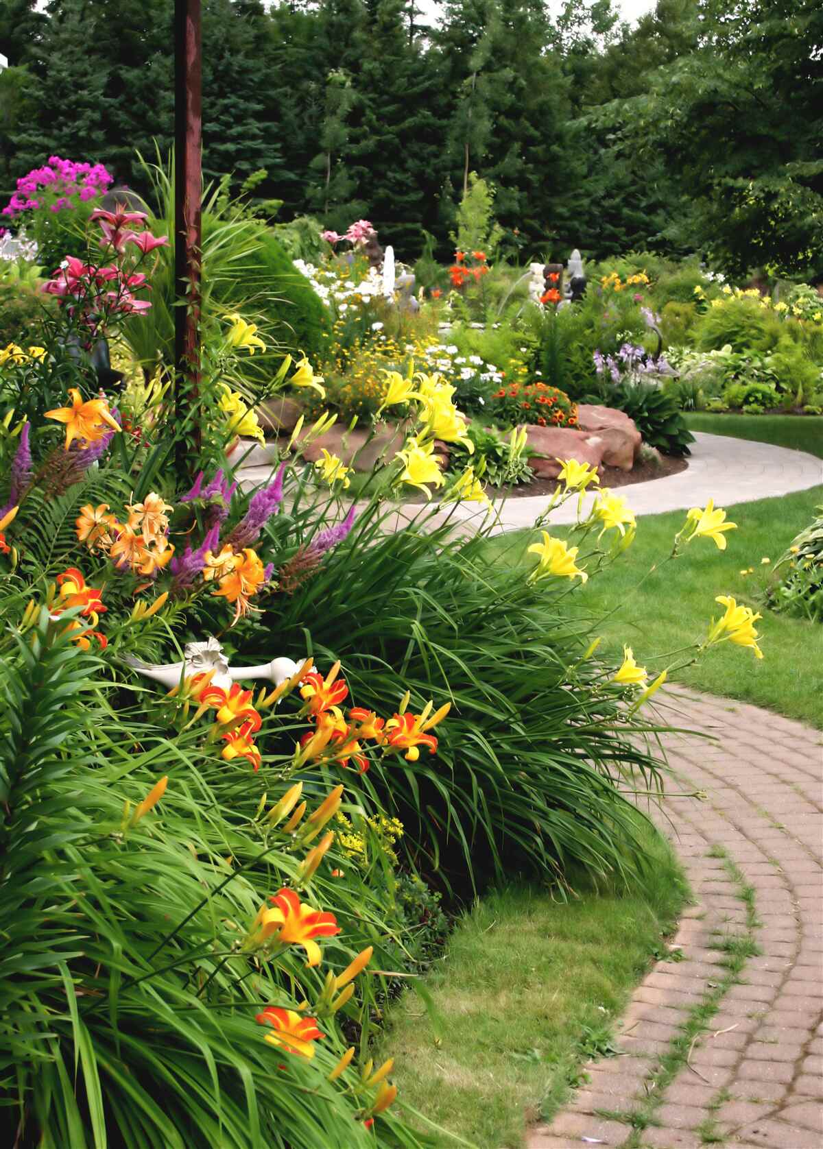Fototapeten Weg in der Nähe von üppigen Sommersträuchern mit Blumen