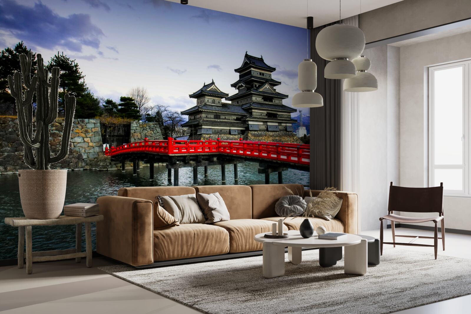 Fototapeten In Japan erstreckt sich die rote Brücke über den Fluss