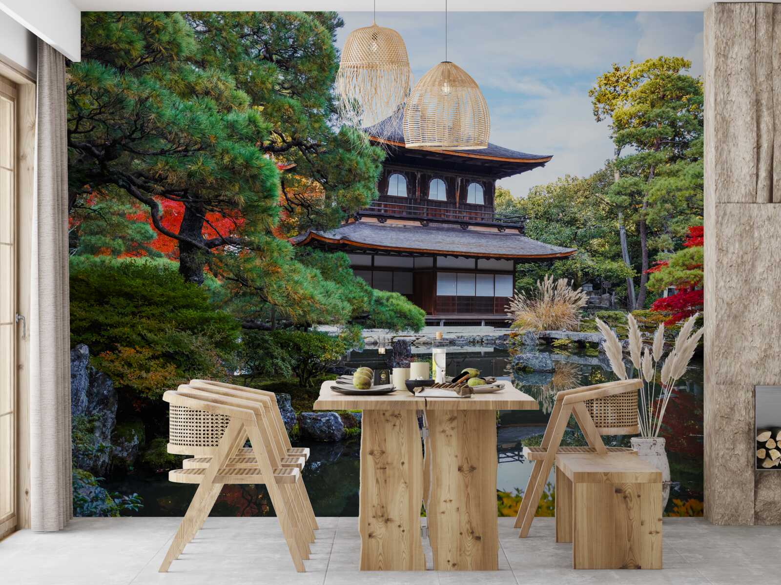 Fototapeten Japanisches Haus im Garten am Ufer des Sees, voller Gemütlichkeit