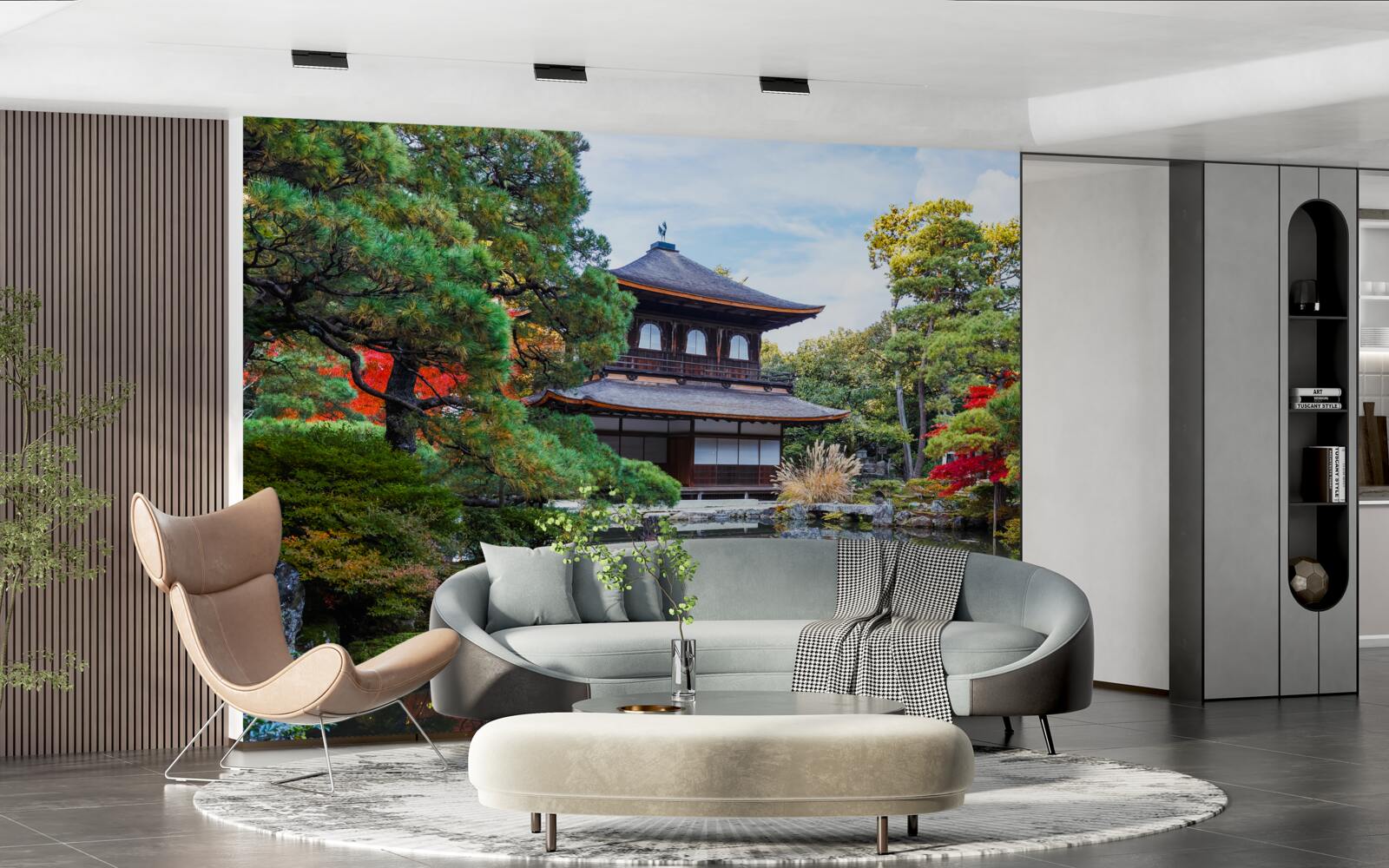 Fototapeten Japanisches Haus im Garten am Ufer des Sees, voller Gemütlichkeit