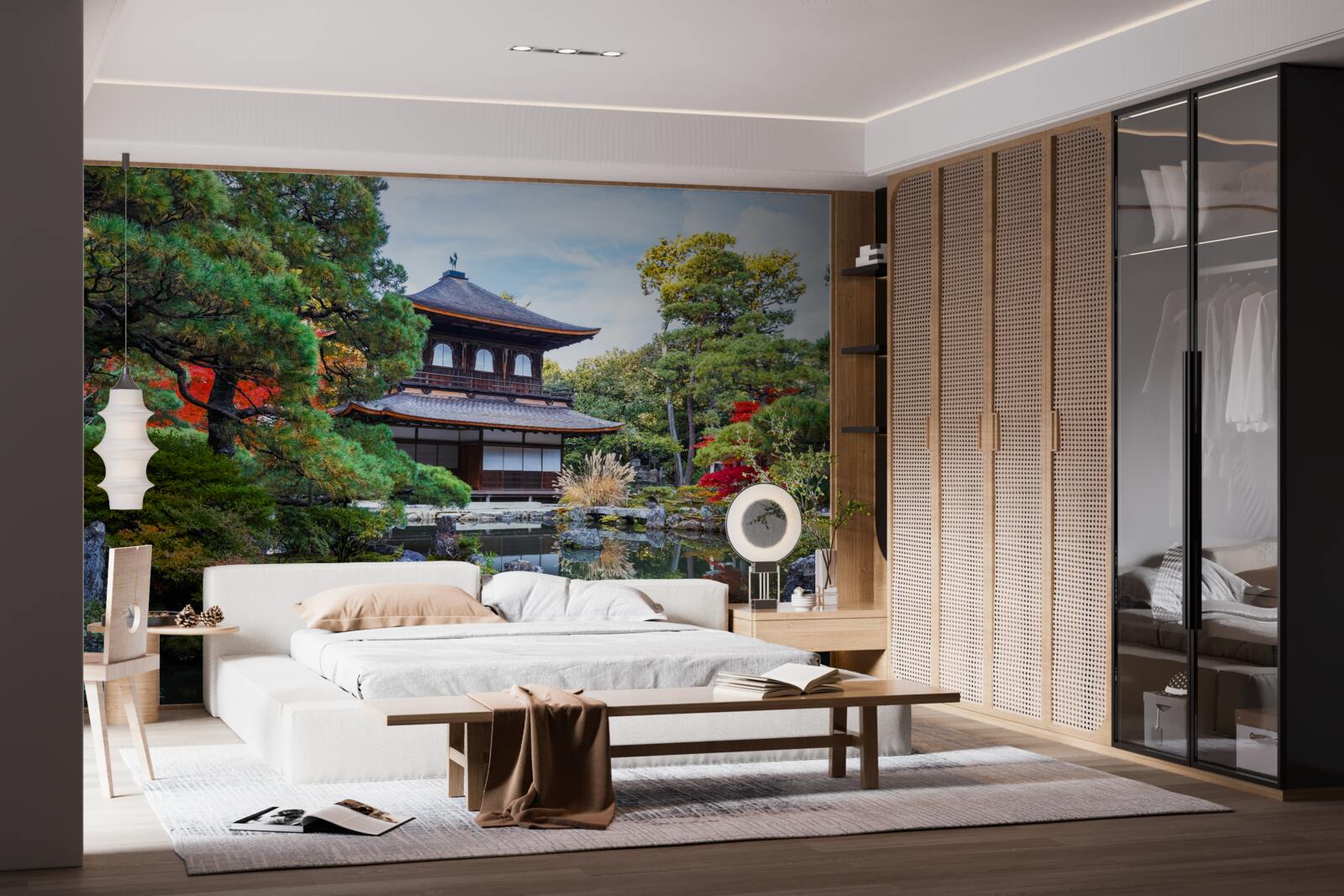 Fototapeten Japanisches Haus im Garten am Ufer des Sees, voller Gemütlichkeit