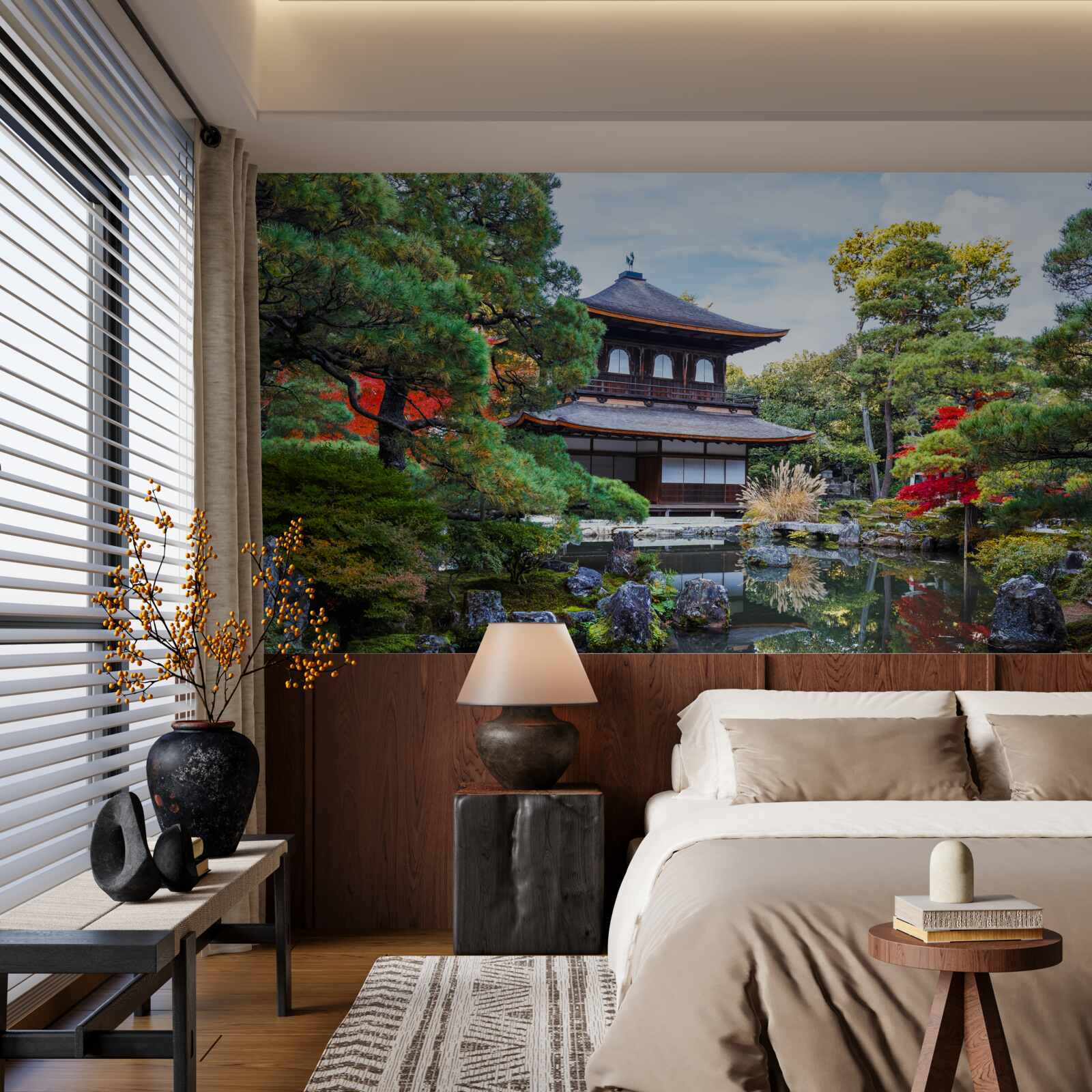 Fototapeten Japanisches Haus im Garten am Ufer des Sees, voller Gemütlichkeit