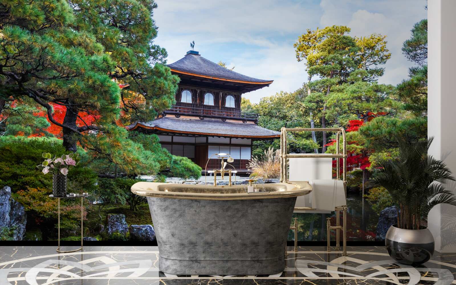 Fototapeten Japanisches Haus im Garten am Ufer des Sees, voller Gemütlichkeit