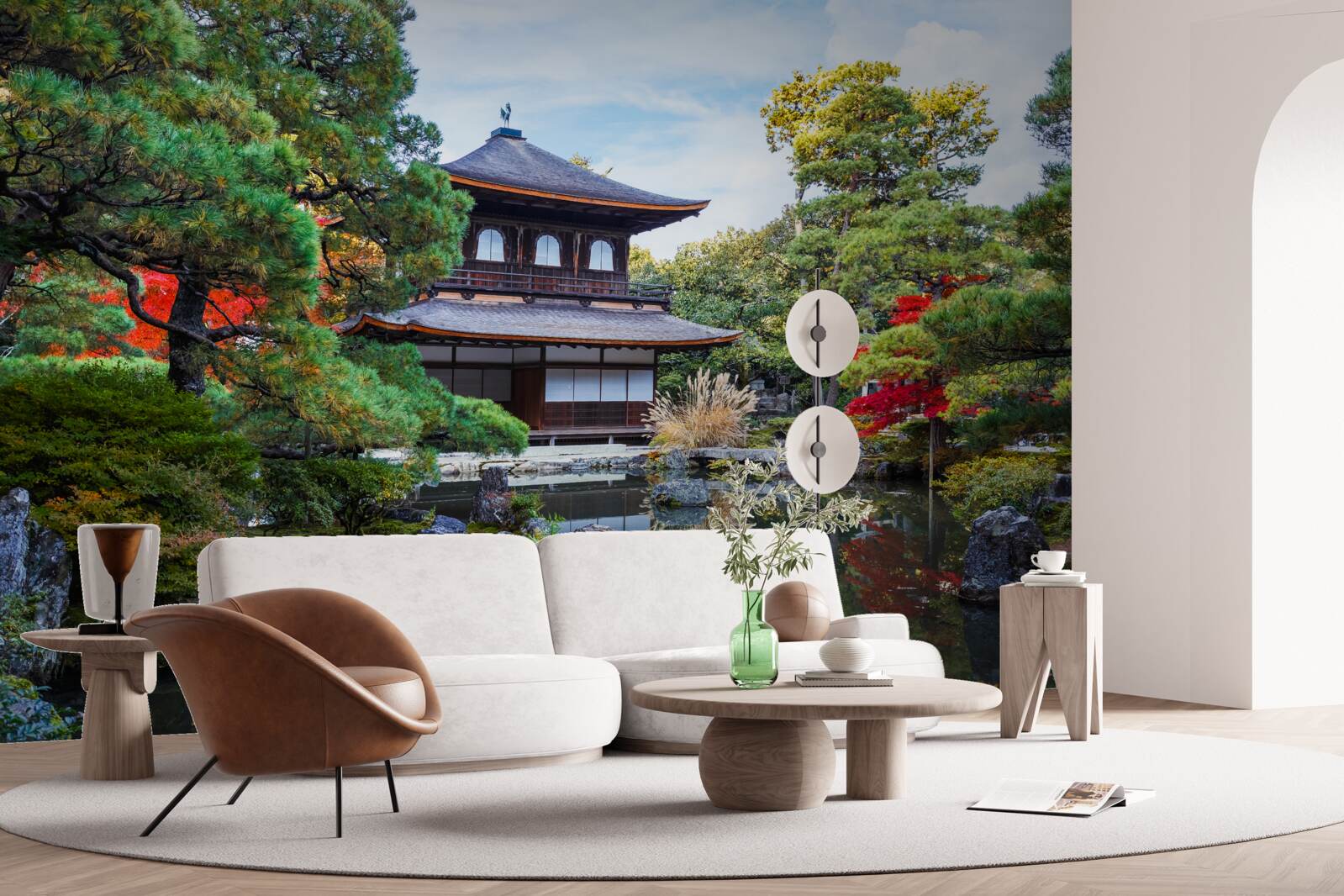 Fototapeten Japanisches Haus im Garten am Ufer des Sees, voller Gemütlichkeit