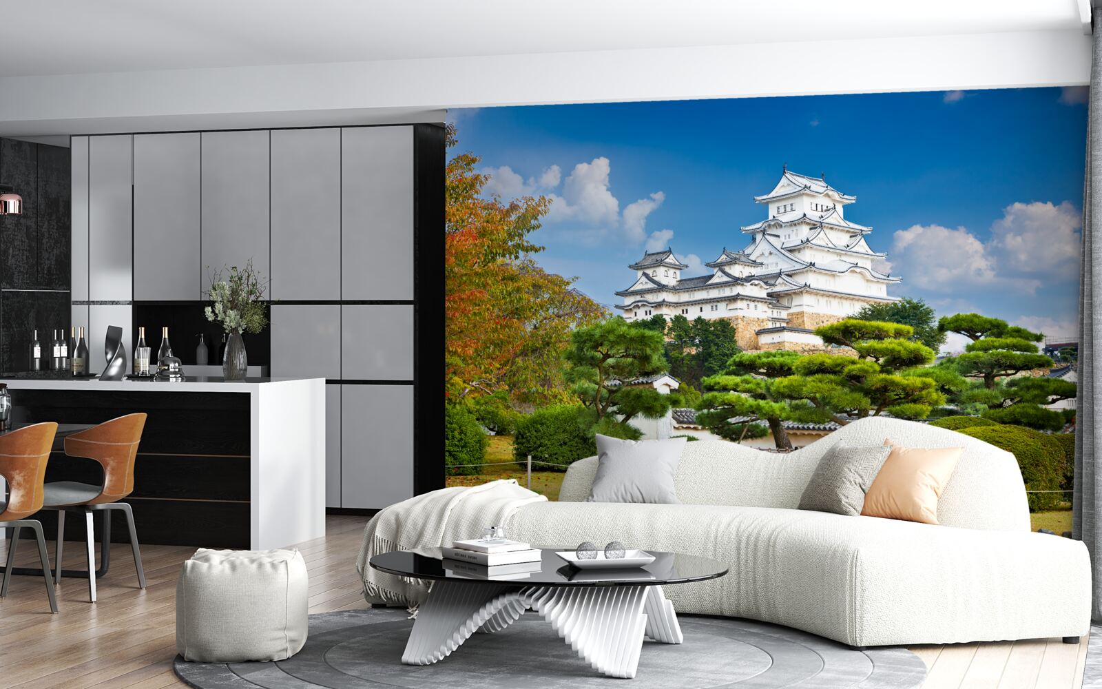 Fototapeten Japanischer Tempel in den Bergen, umgeben von Grün umgeben