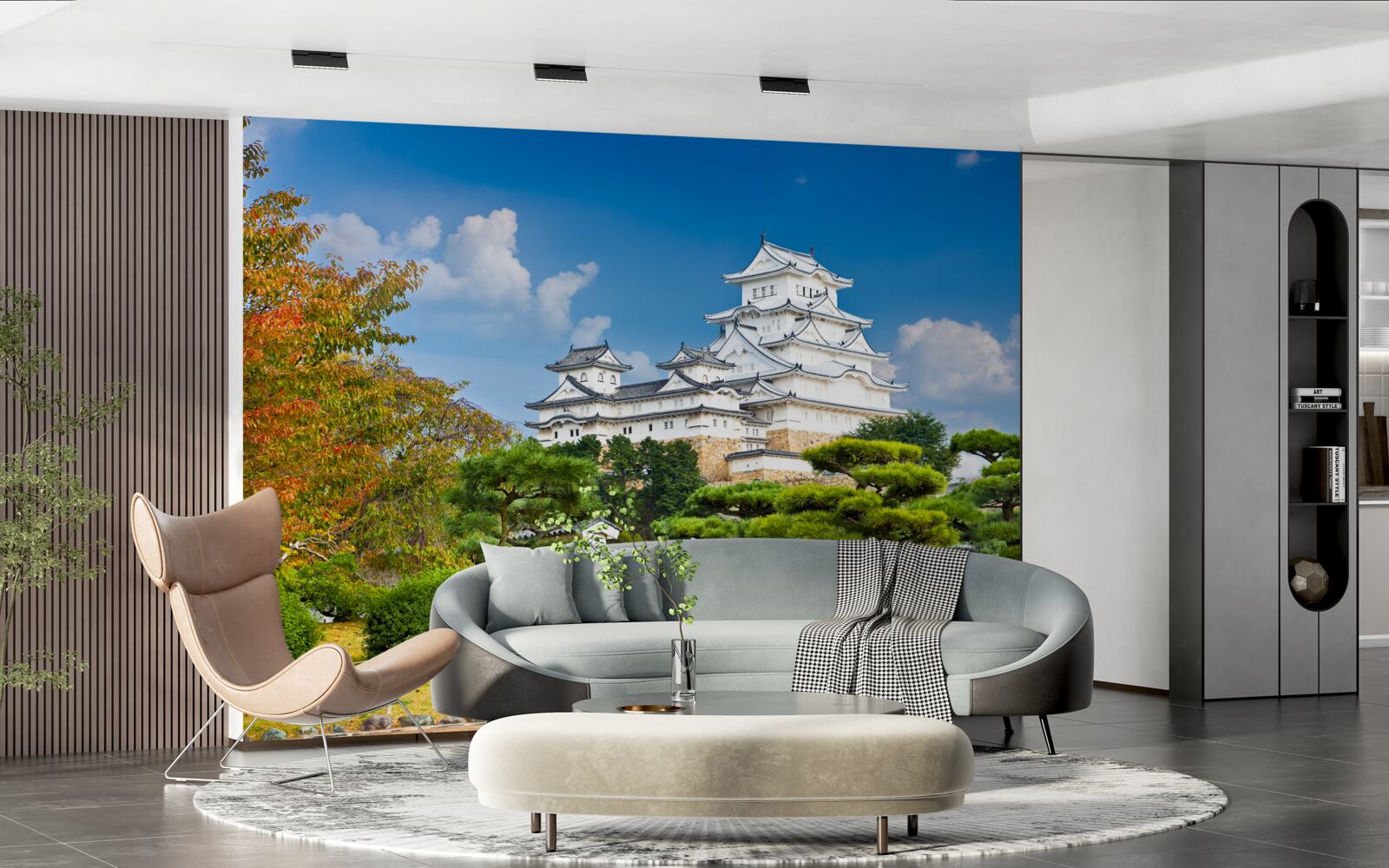 Fototapeten Japanischer Tempel in den Bergen, umgeben von Grün umgeben