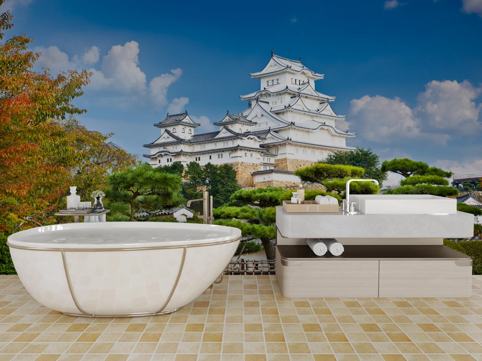 Fototapeten Japanischer Tempel in den Bergen, umgeben von Grün umgeben