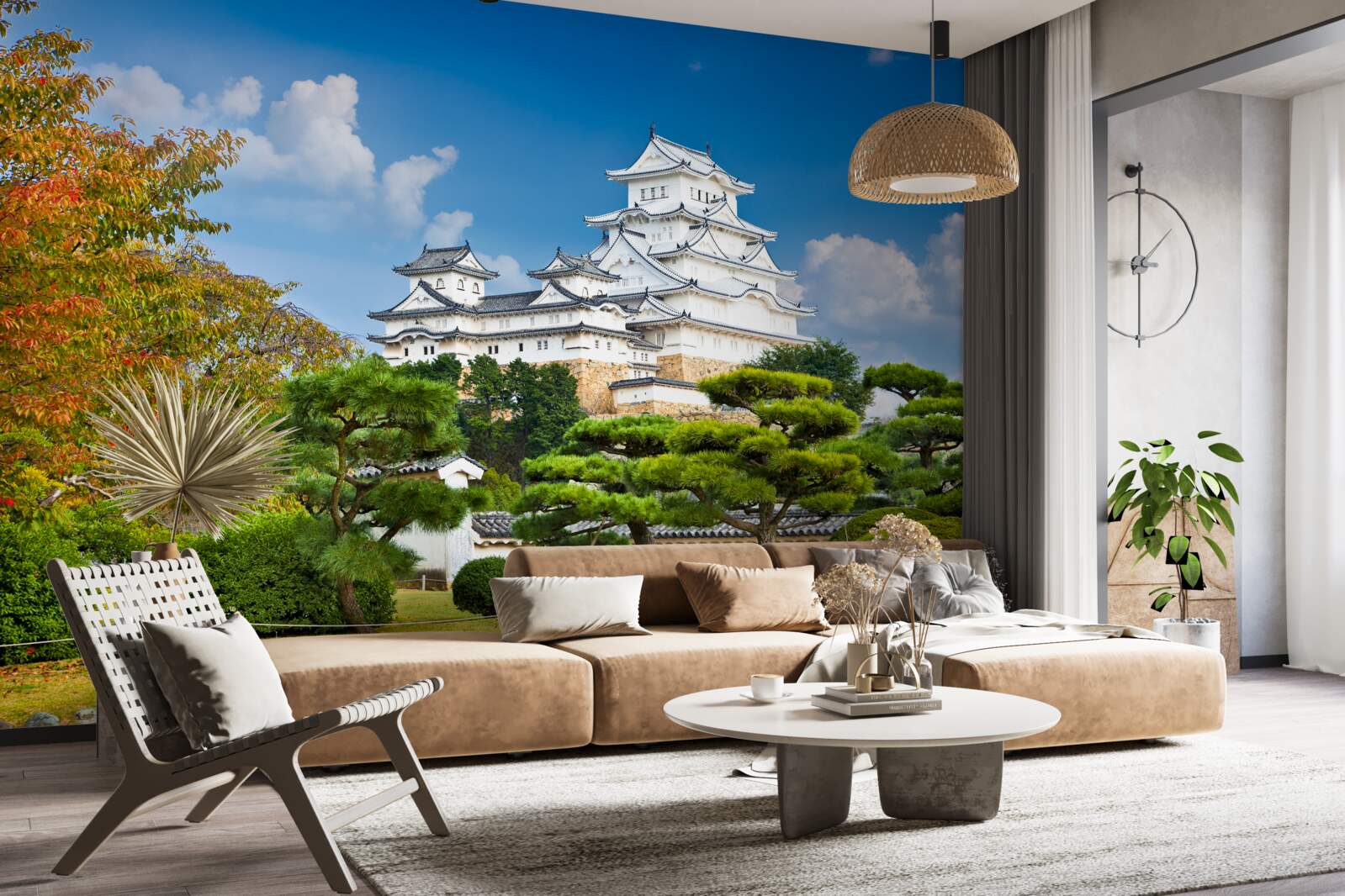 Fototapeten Japanischer Tempel in den Bergen, umgeben von Grün umgeben