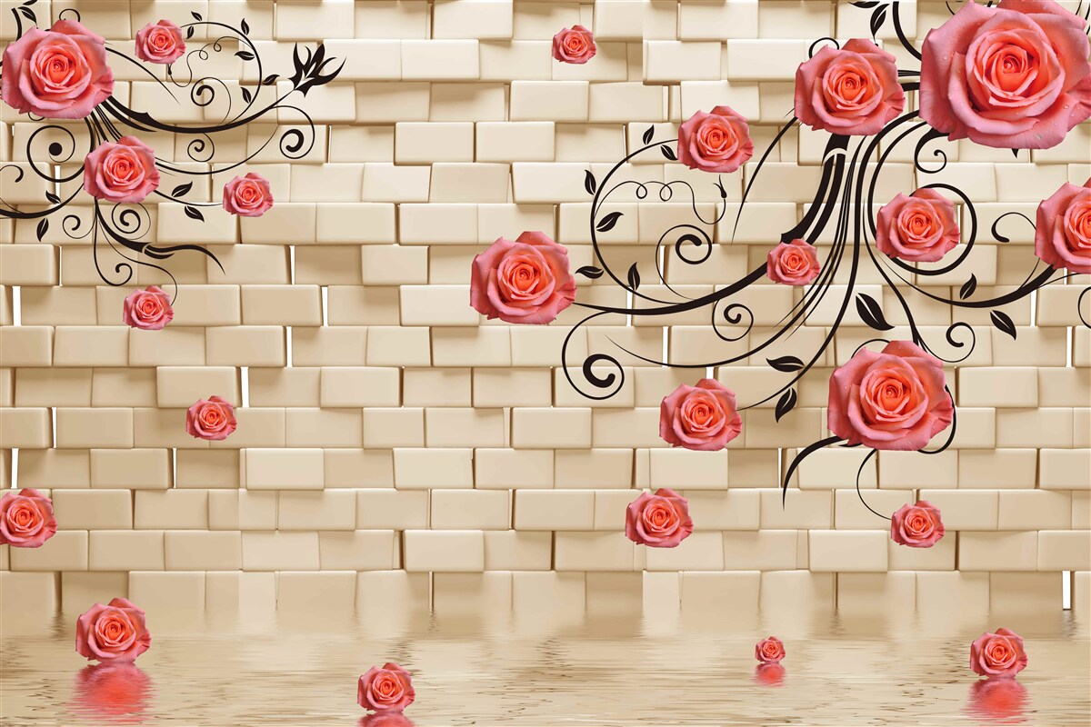 Fototapeten Eine rote Rose ist gegen die Mauer an den Zweigen zu sehen