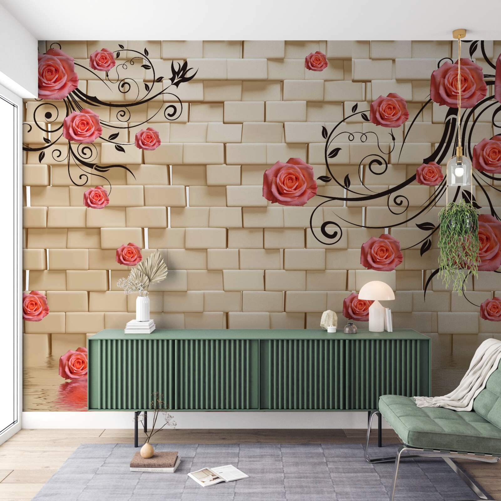 Fototapeten Eine rote Rose ist gegen die Mauer an den Zweigen zu sehen