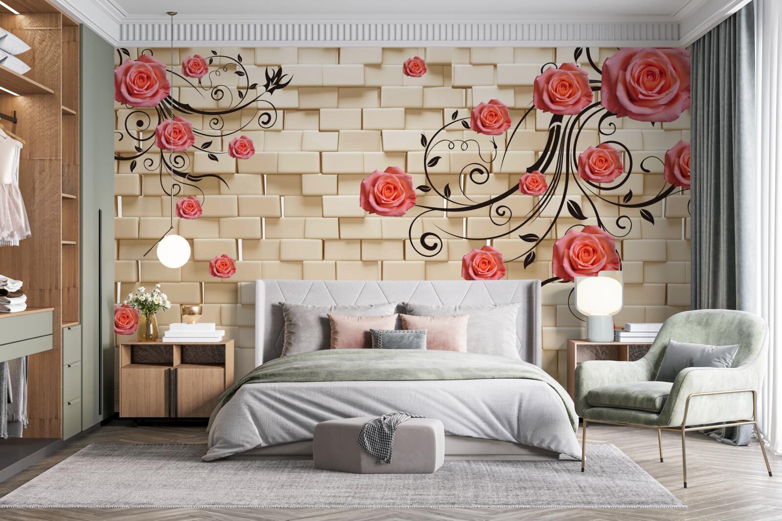 Fototapeten Eine rote Rose ist gegen die Mauer an den Zweigen zu sehen