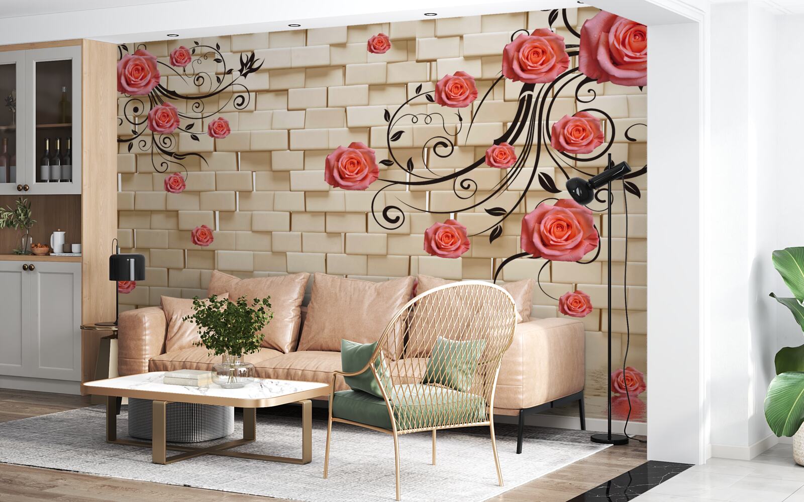 Fototapeten Eine rote Rose ist gegen die Mauer an den Zweigen zu sehen