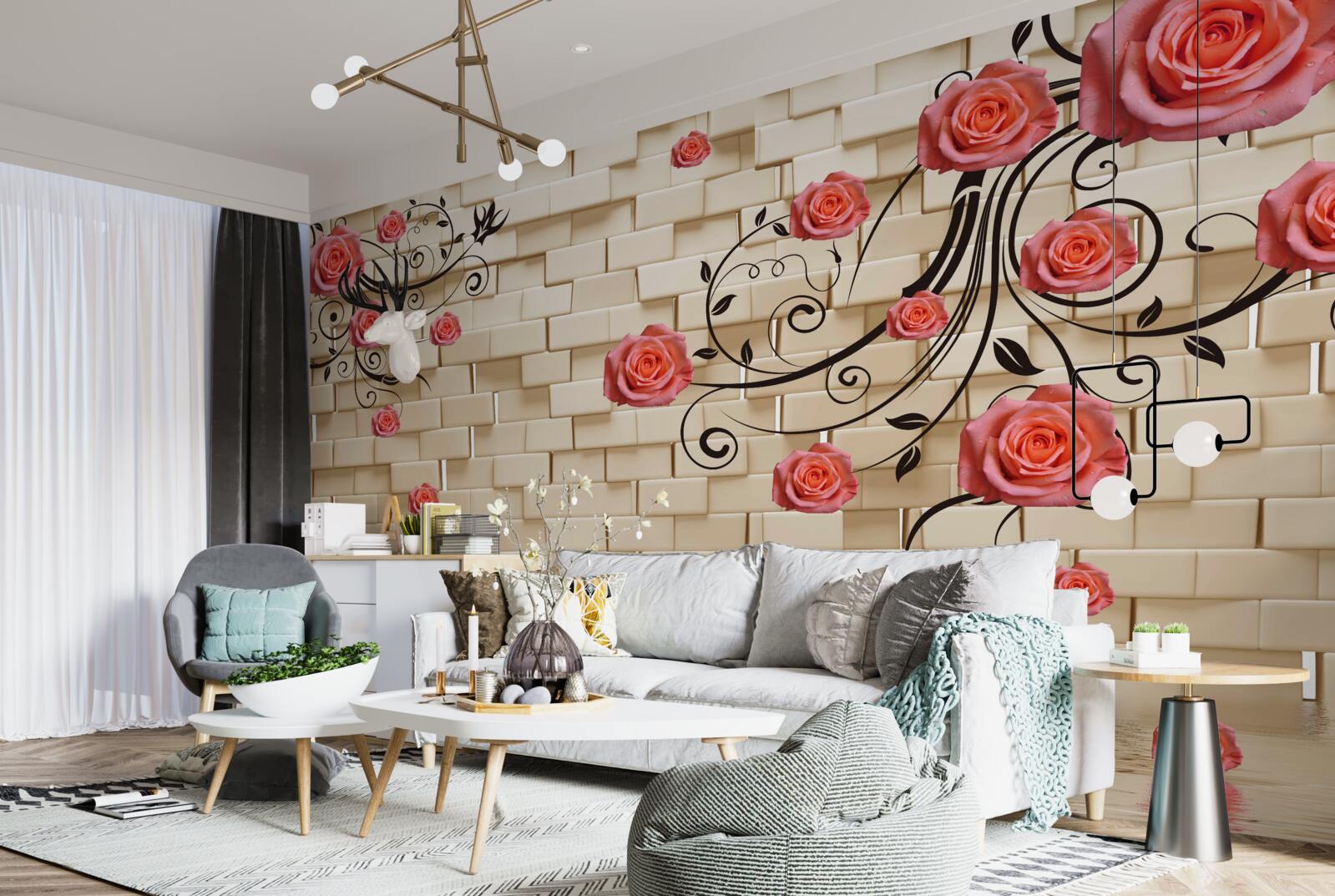 Fototapeten Eine rote Rose ist gegen die Mauer an den Zweigen zu sehen