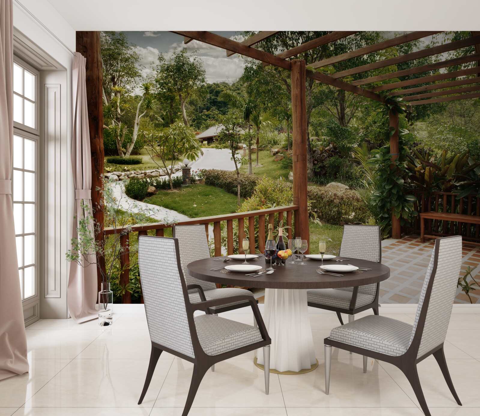 Fototapeten Terrasse mit Bequemlichkeit und Zugang zum Teich