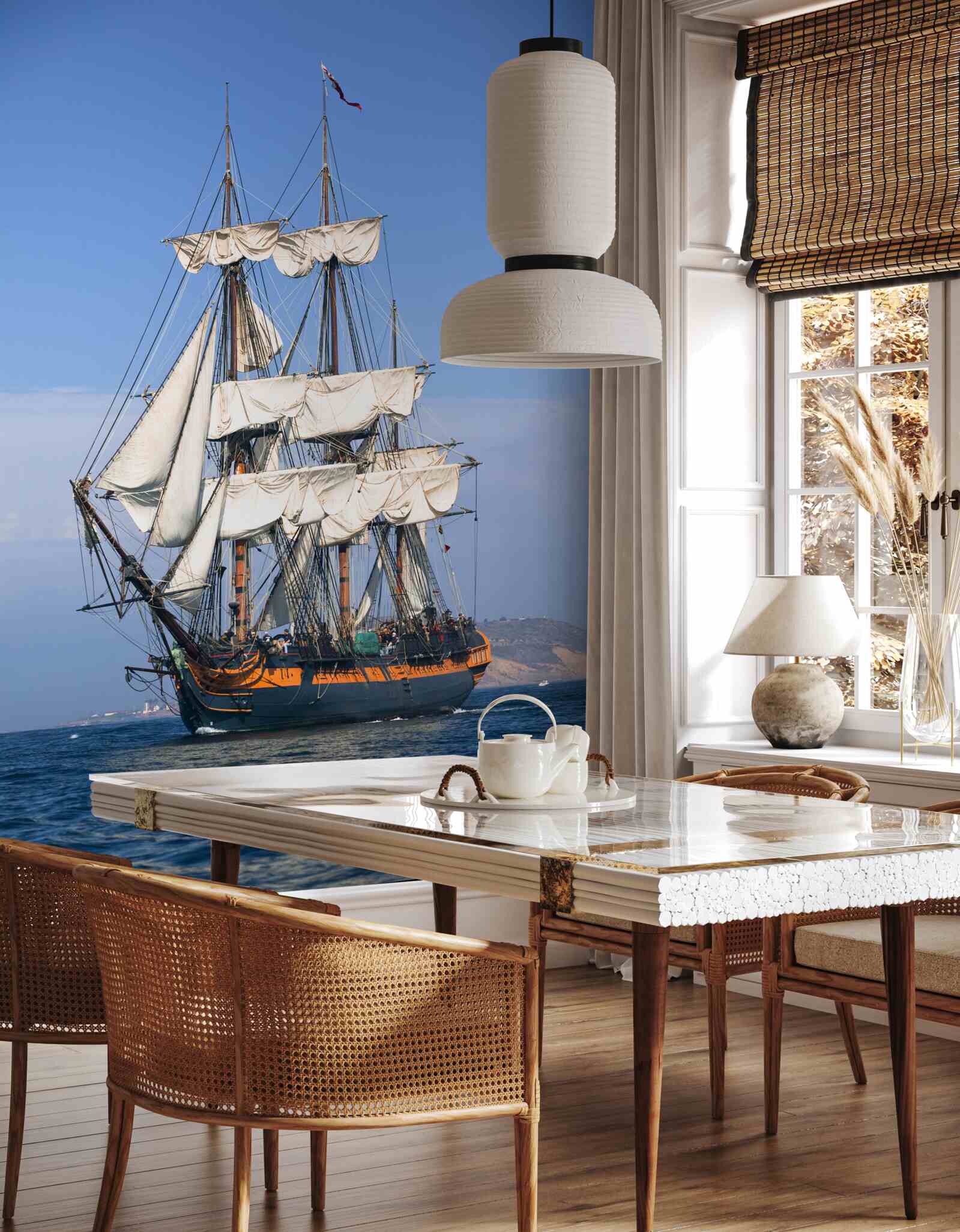 Fototapeten Ein großes Segelschiff, während er auf den Wind wartet